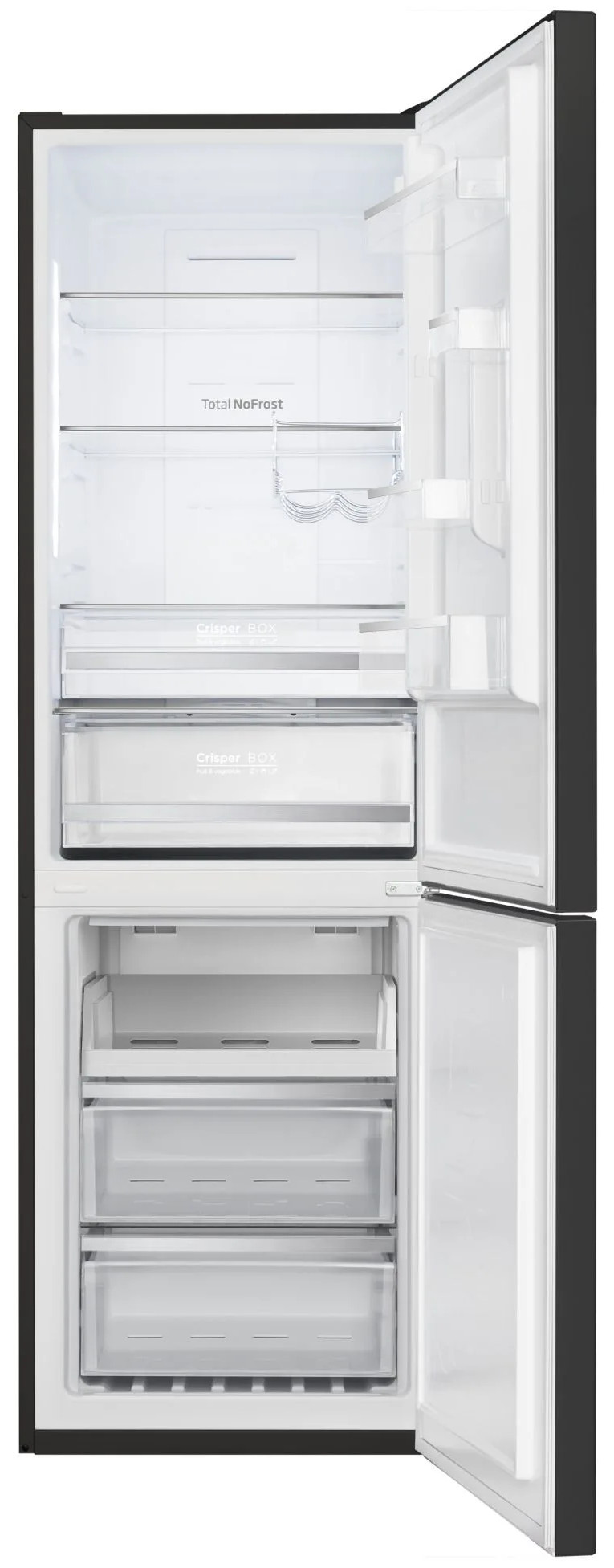 Wnętrze lodówki. Otwarte drzwi, białe wnętrze. Widoczne półki, szuflady.