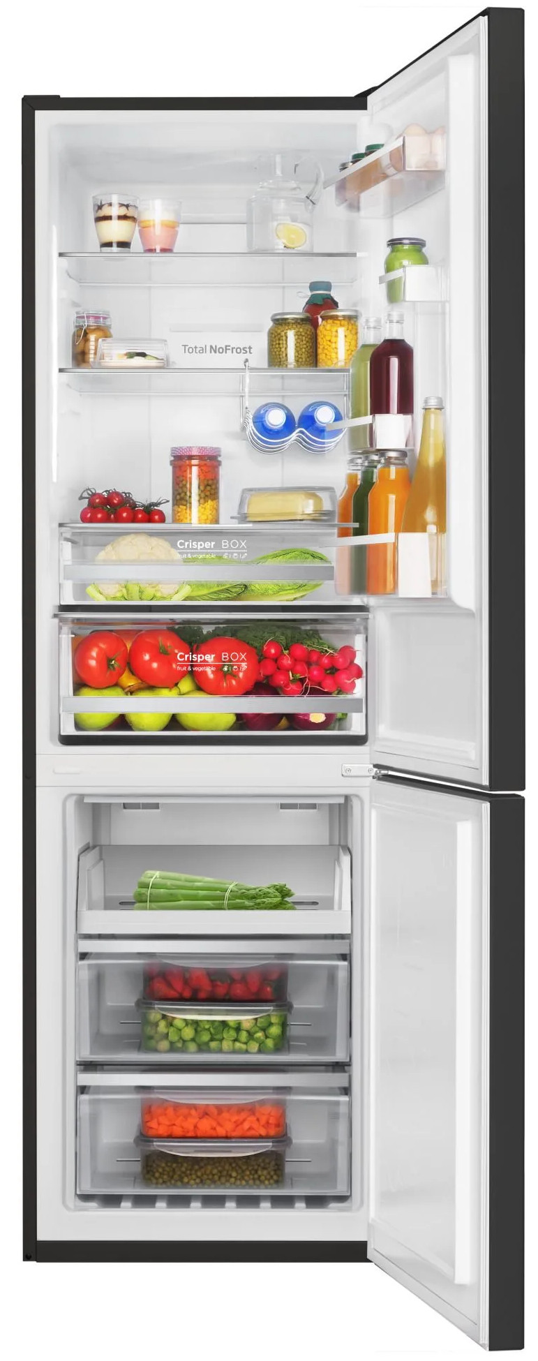 Wnętrze lodówki. Otwarte drzwi, pełne jedzenia. Warzywa, owoce i słoiki.