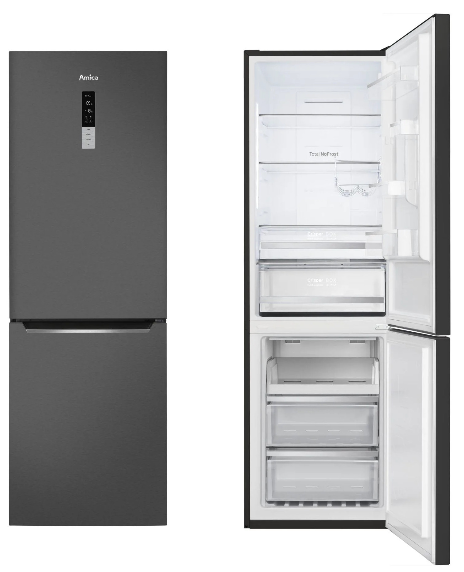 Lodówka Amica i jej wnętrze. Prawe drzwi otwarte. Widoczne produkty spożywcze.