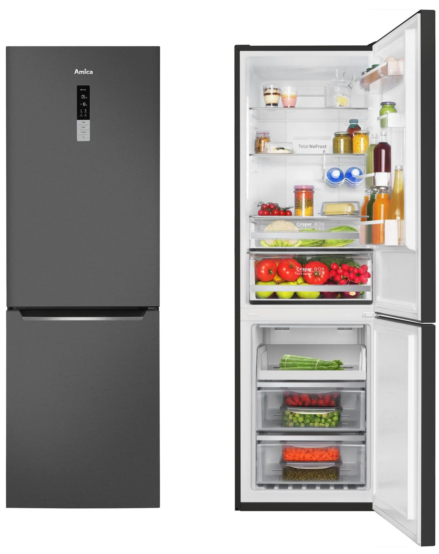 Lodówka Amica. Otwarte drzwi z produktami spożywczymi. Widać warzywa, słoiki i napoje.