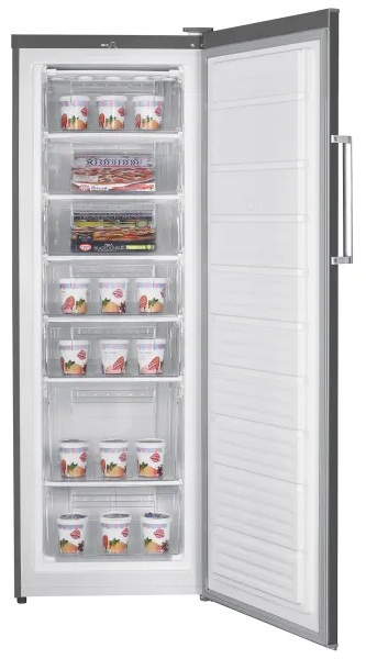 Zamrażarka z wieloma szufladami. Każda szuflada zawiera zapakowane produkty spożywcze, takie jak jogurty i mrożone posiłki.