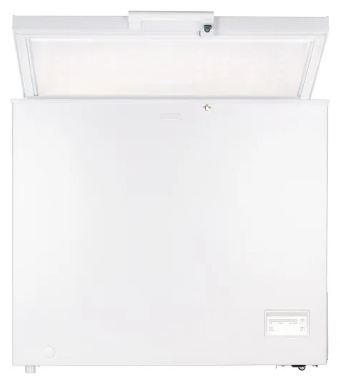 Biała zamrażarka skrzyniowa, otwarta pokrywa, wnętrze widoczne.