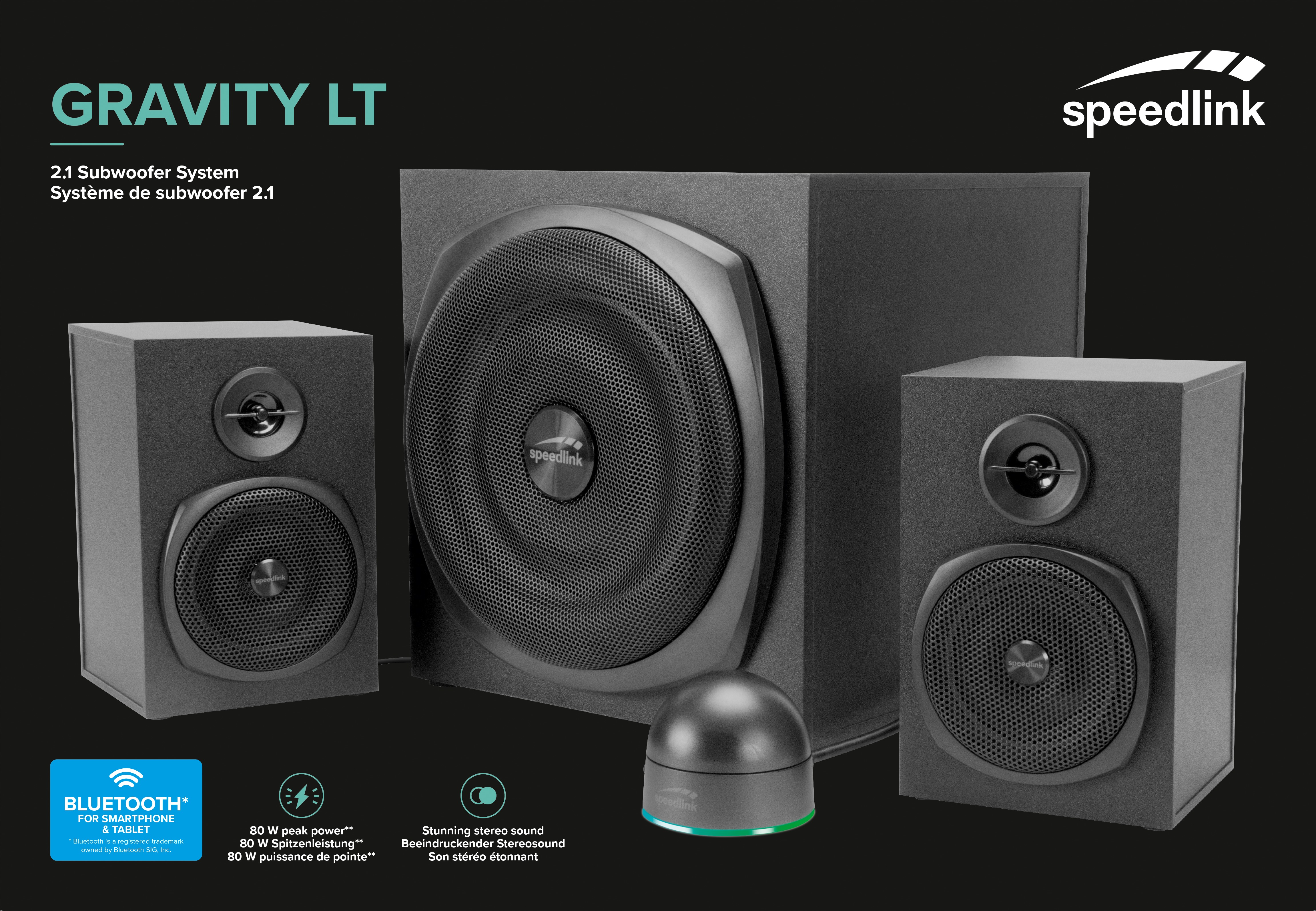 Schwarzes Lautsprechersystem mit zwei Satelliten, Subwoofer und Control Pod. Text und Symbole für Funktionen.