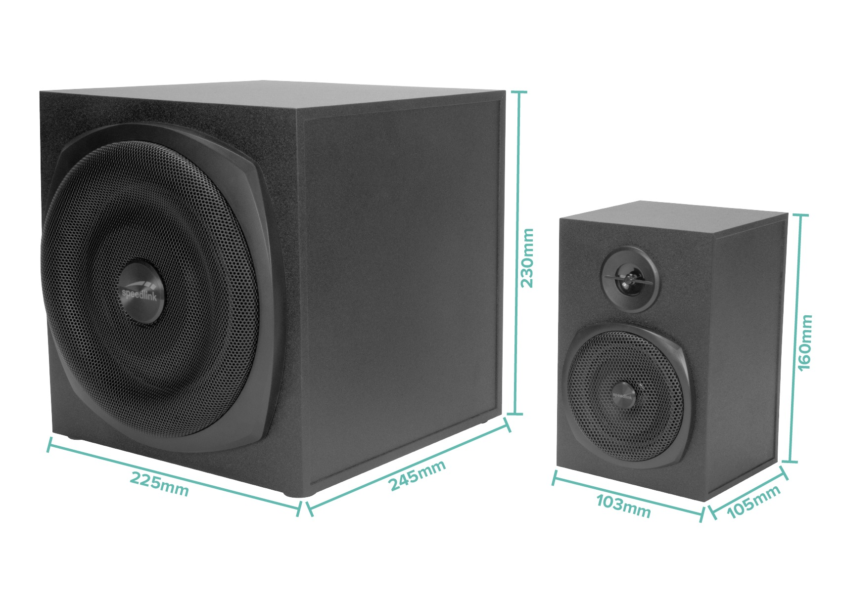 Schwarzer Subwoofer und ein Satellitenlautsprecher. Abmessungen für Subwoofer und Satellitenlautsprecher sind angegeben.