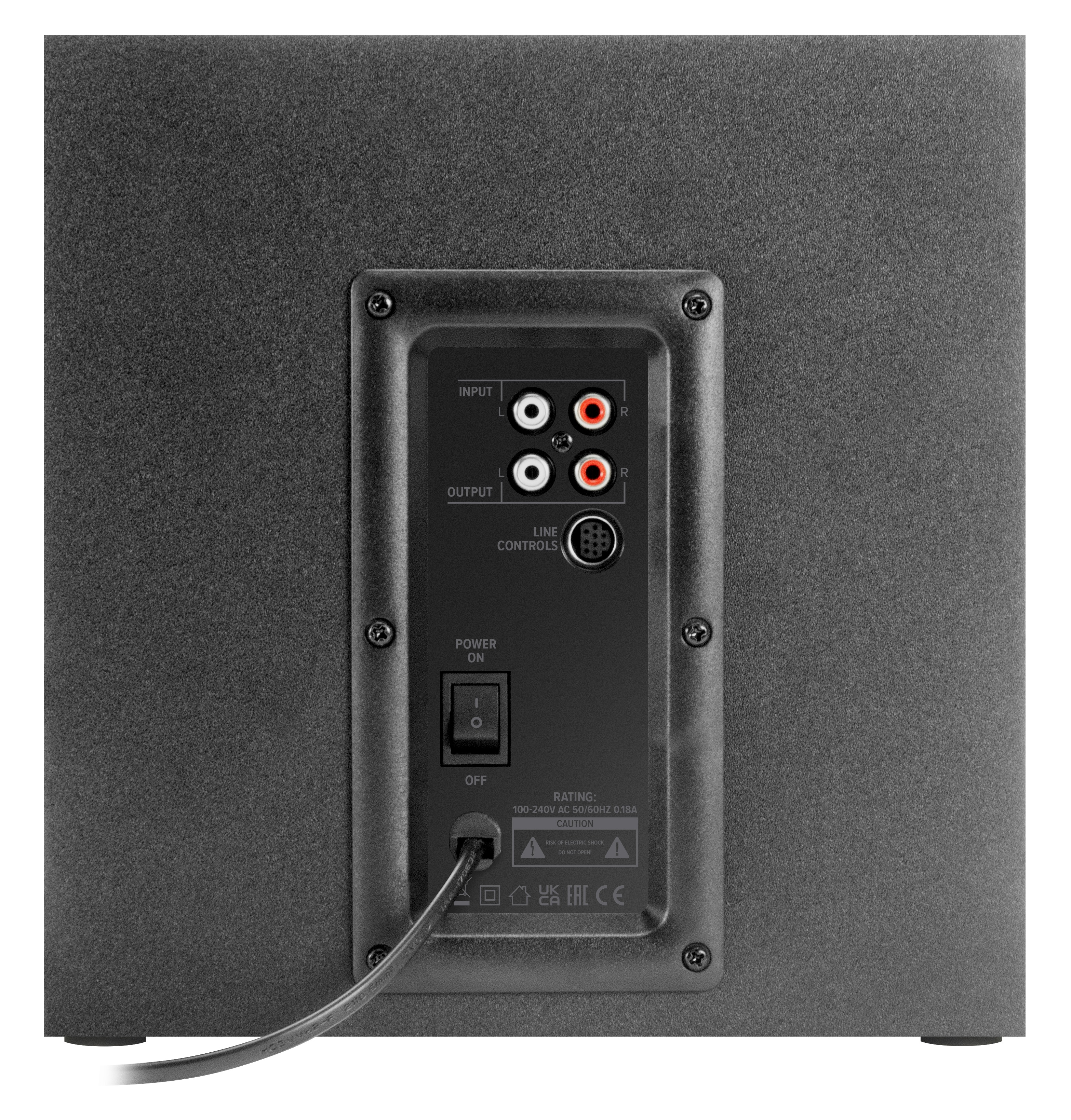 Schwarzes Lautsprechersystem mit Subwoofer, zwei Satelliten und Control Pod mit farbiger Basis.