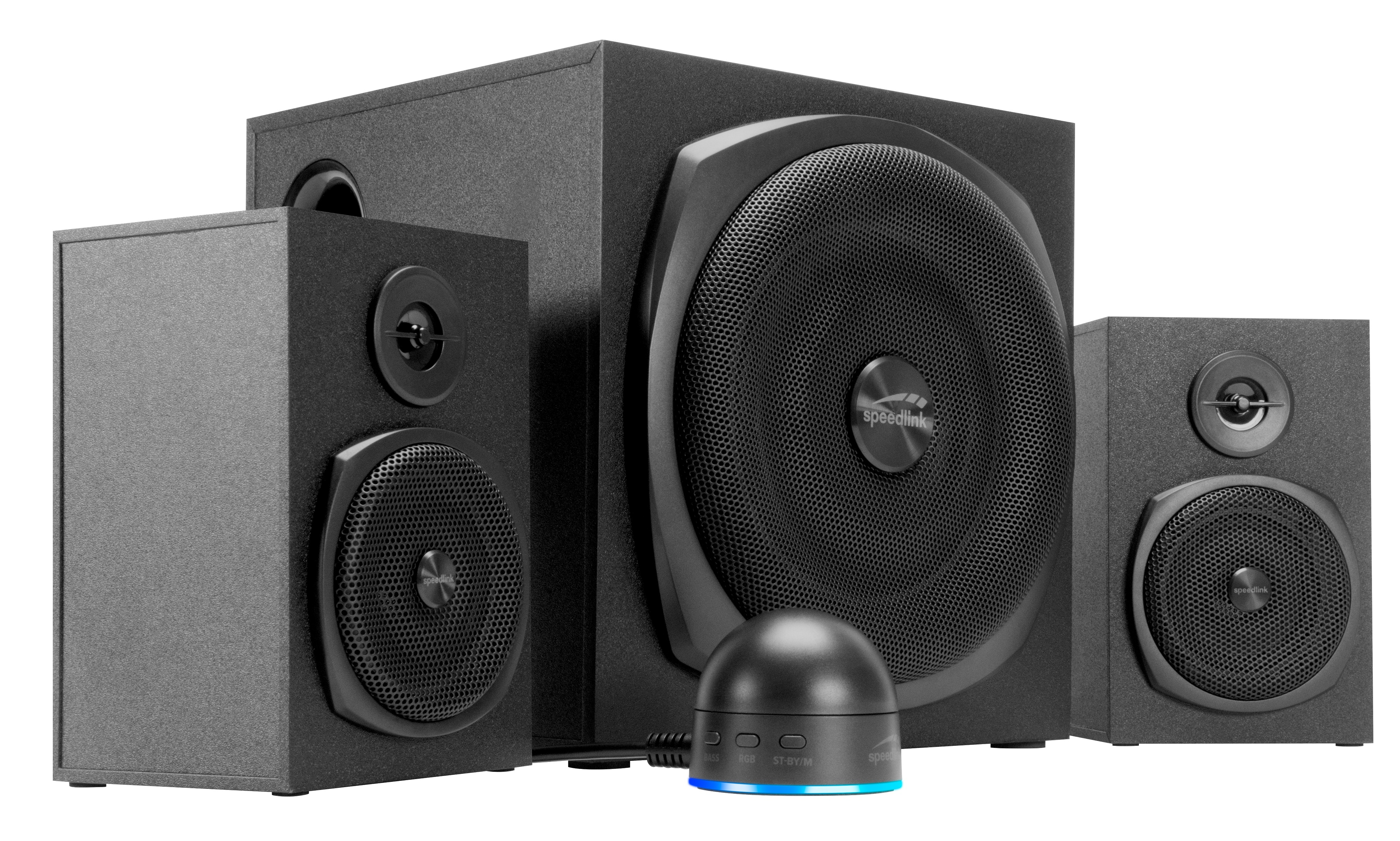 Schwarzes Lautsprechersystem. Das System besteht aus Subwoofer, zwei Satelliten und einem Control Pod.