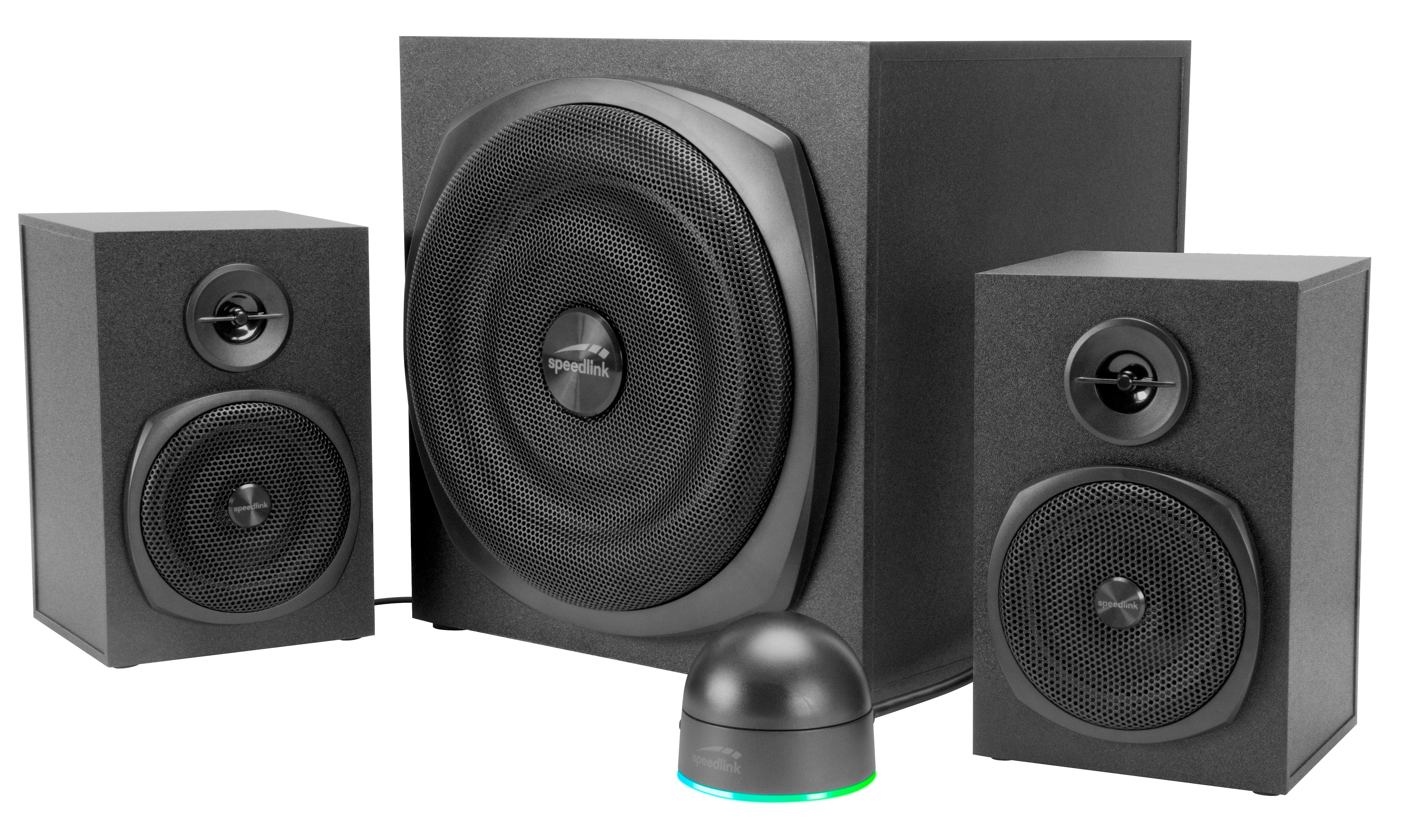 Schwarzes Lautsprechersystem mit Subwoofer, zwei Satelliten und Control Pod mit grünem Licht.