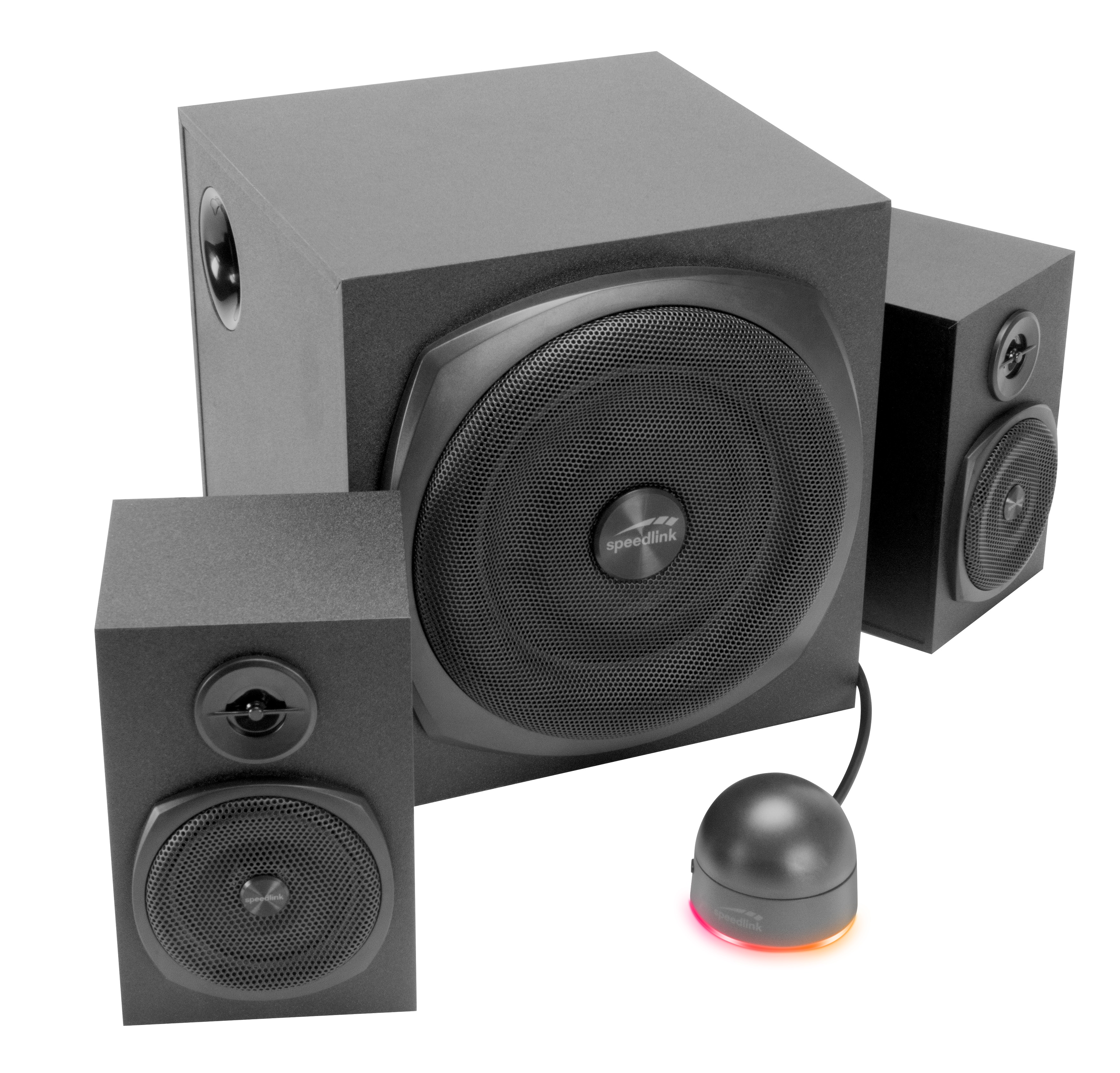 Schwarzes Lautsprechersystem mit Subwoofer, zwei Satelliten und Control Pod. Speedlink-Logo sichtbar.