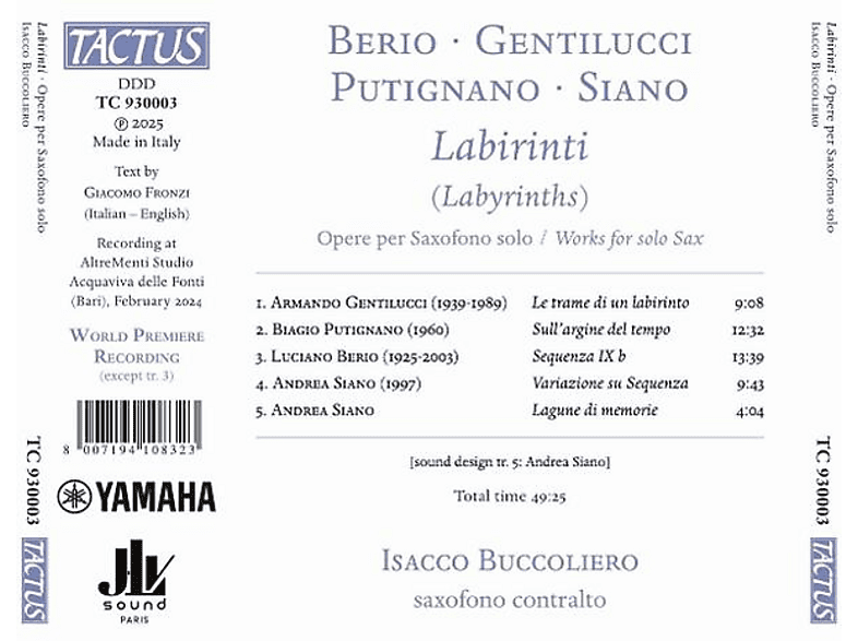 Thumbnail - Isacco Buccoliero - Labirinti Werke fur Solo-Saxophon (CD)
