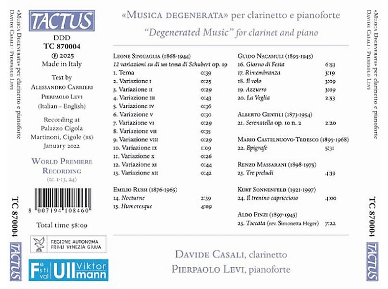 Thumbnail - Davide Casali - Pierpaolo Levi "Musica degenerata" per clarinetto e pianoforte (CD)