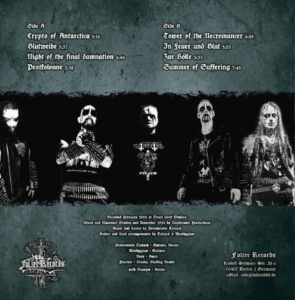 Albumcover mit Bandmitgliedern und Titelliste, düsteres Thema in Schwarzweiß.