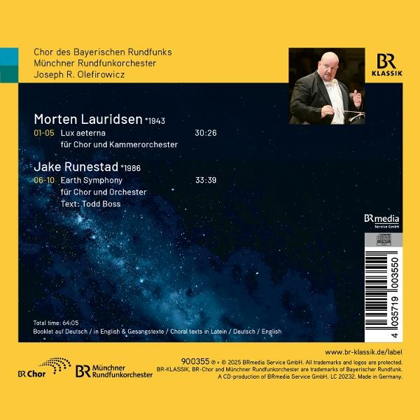 Albumcover mit Text über eine Chor- und Orchesteraufführung. Enthält Namen: Morton Lauridsen, Jake Runestad und Ensemble.