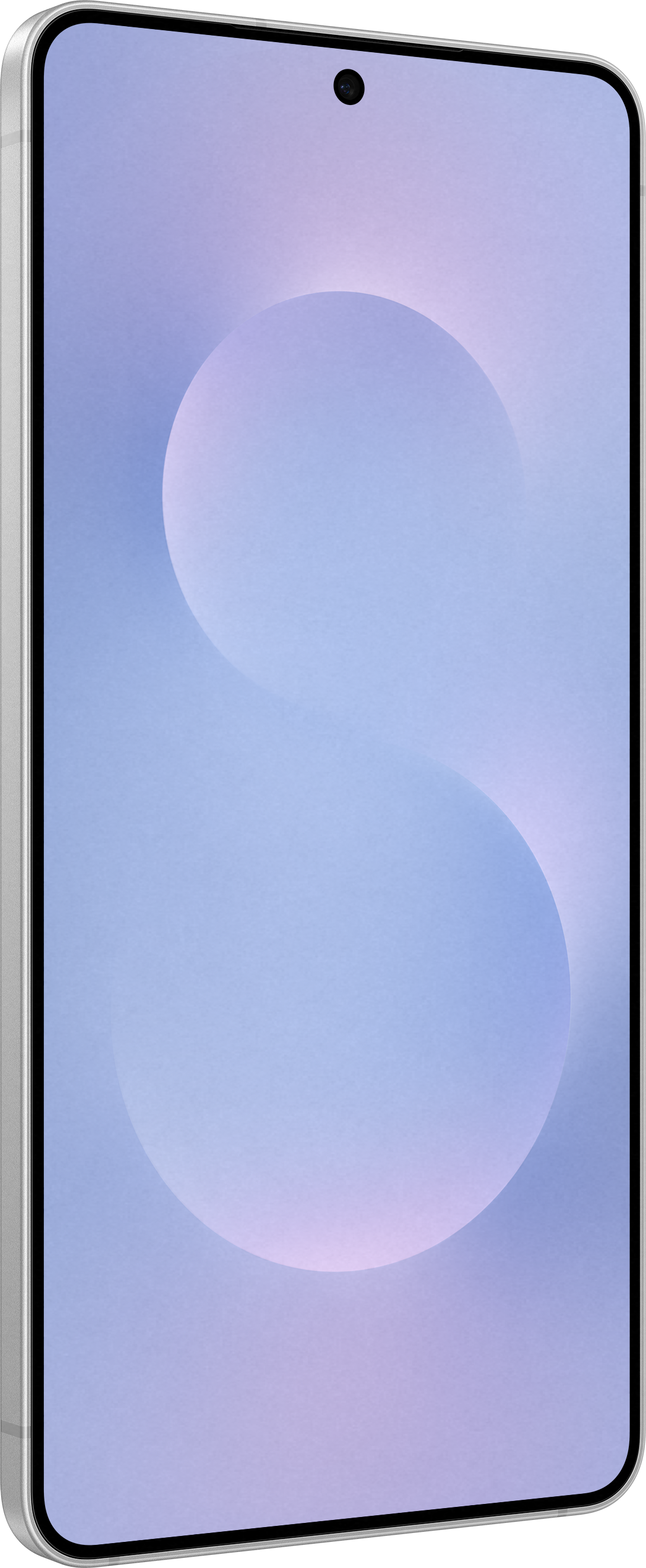 Seitenansicht eines weißen Samsung-Telefons, Bildschirm mit hellblauen abstrakten Formen, schwarzer Punkt oben.