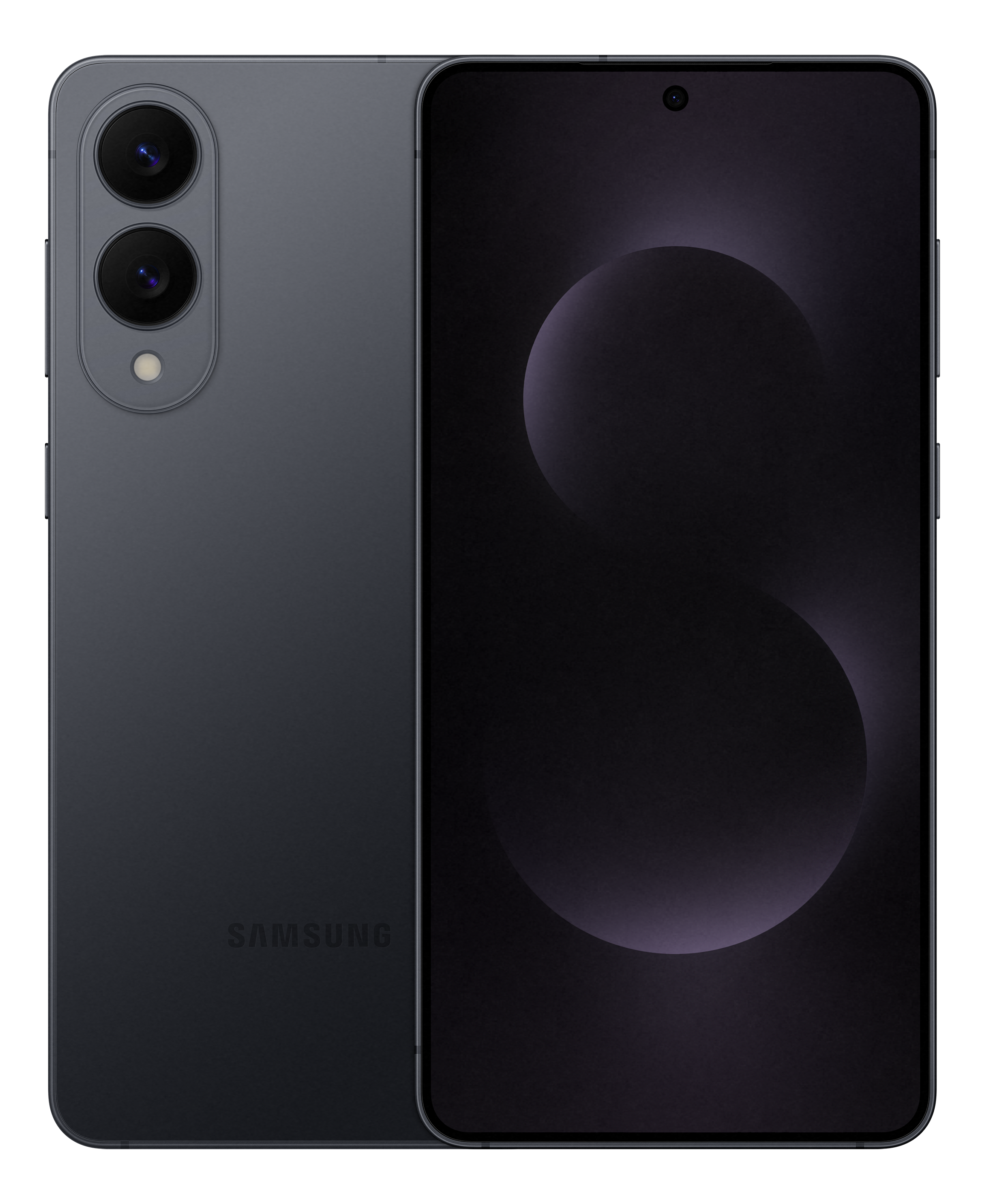 Telefono Samsung grigio scuro, vista fronte e retro, doppia fotocamera, forme scure.