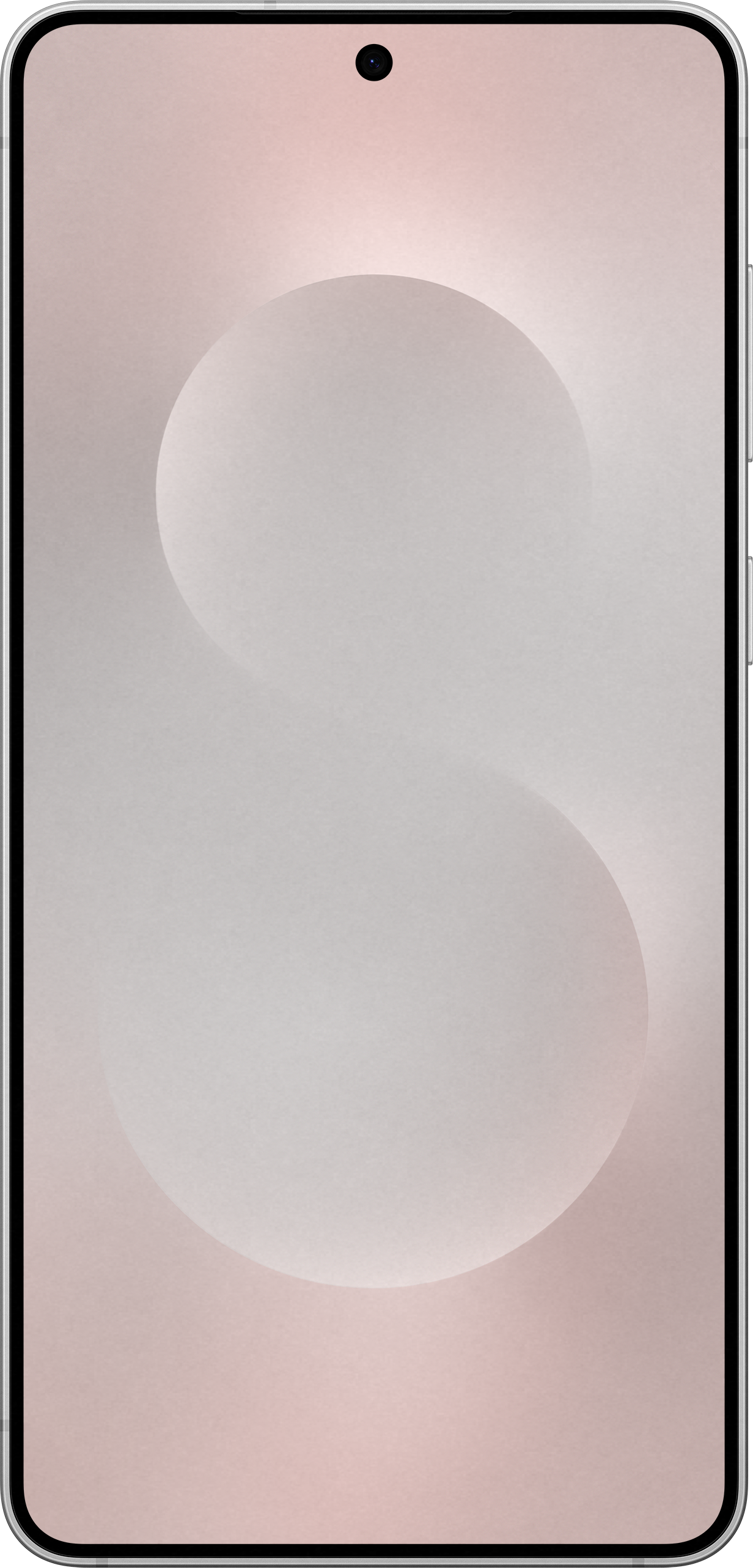 Vorderansicht eines weißen Telefons, Bildschirm mit rosa-tonigem Design, schwarzer Punkt oben.