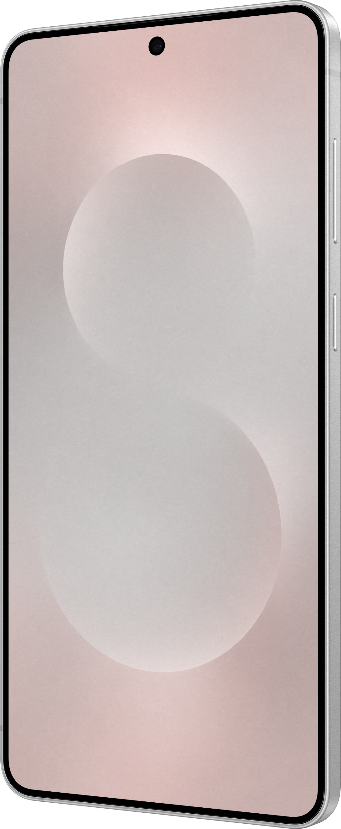 Seitenansicht eines weißen Telefons, Bildschirm mit rosa-tonigem Design, schwarzer Punkt oben.