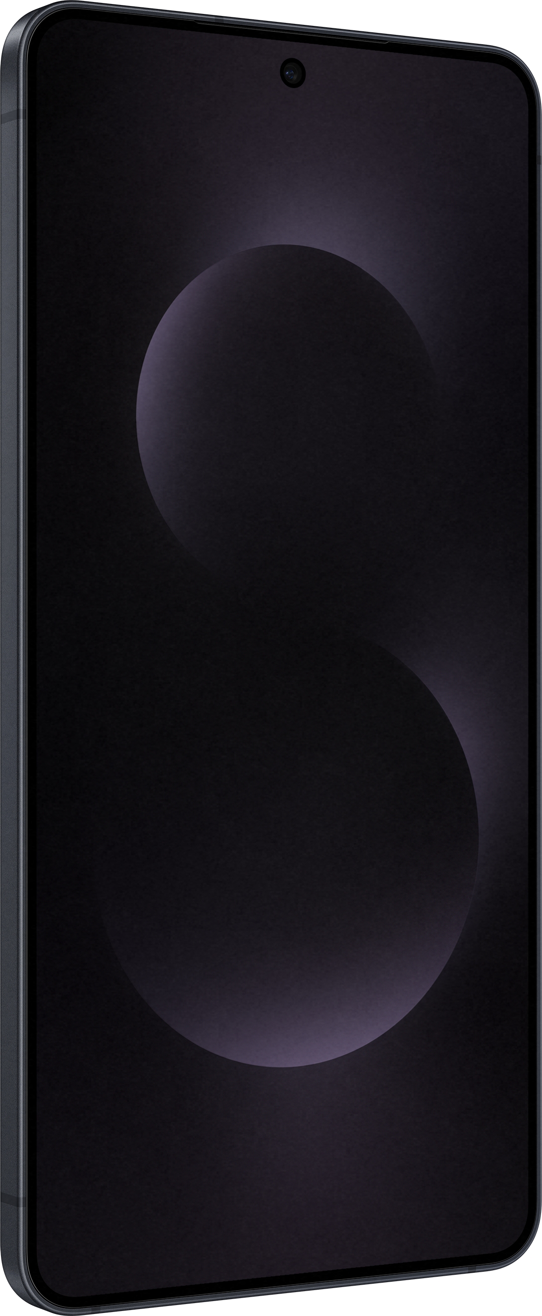 Vista laterale di un telefono grigio scuro, forme scure, punto nero in alto.