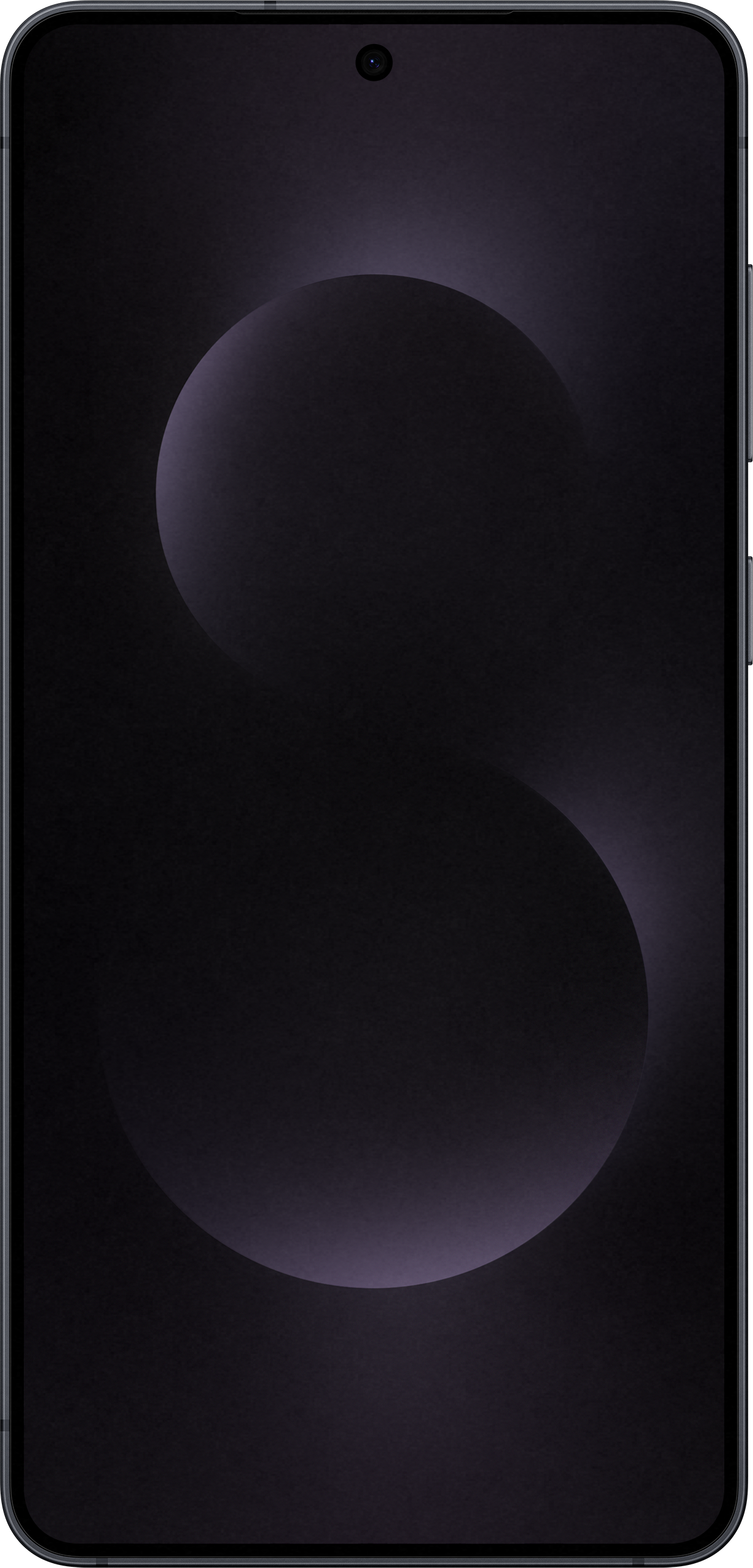 Vista frontale di un telefono grigio scuro, forme scure, punto nero in alto.