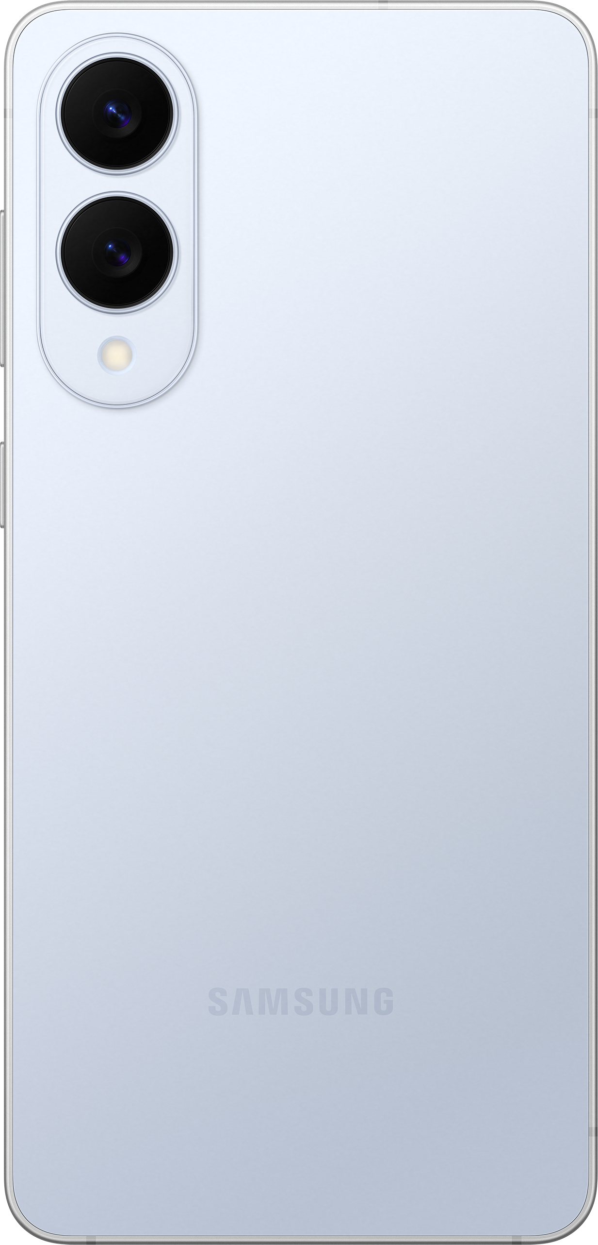 Hellblaue Samsung-Telefonrückseite, drei Kameralinsen. Samsung-Logo unten.