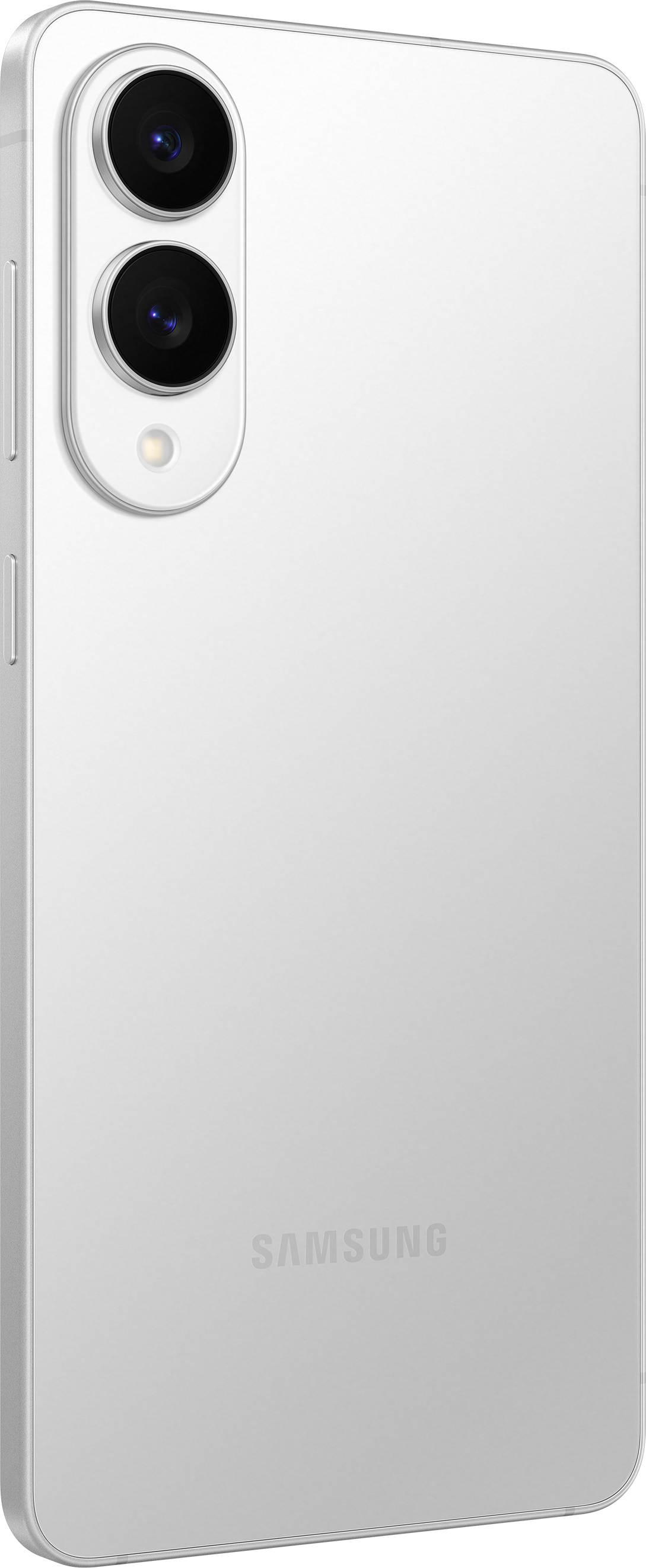 Seitenansicht eines weißen Telefons, Kamera und Samsung-Logo, weißer Hintergrund.