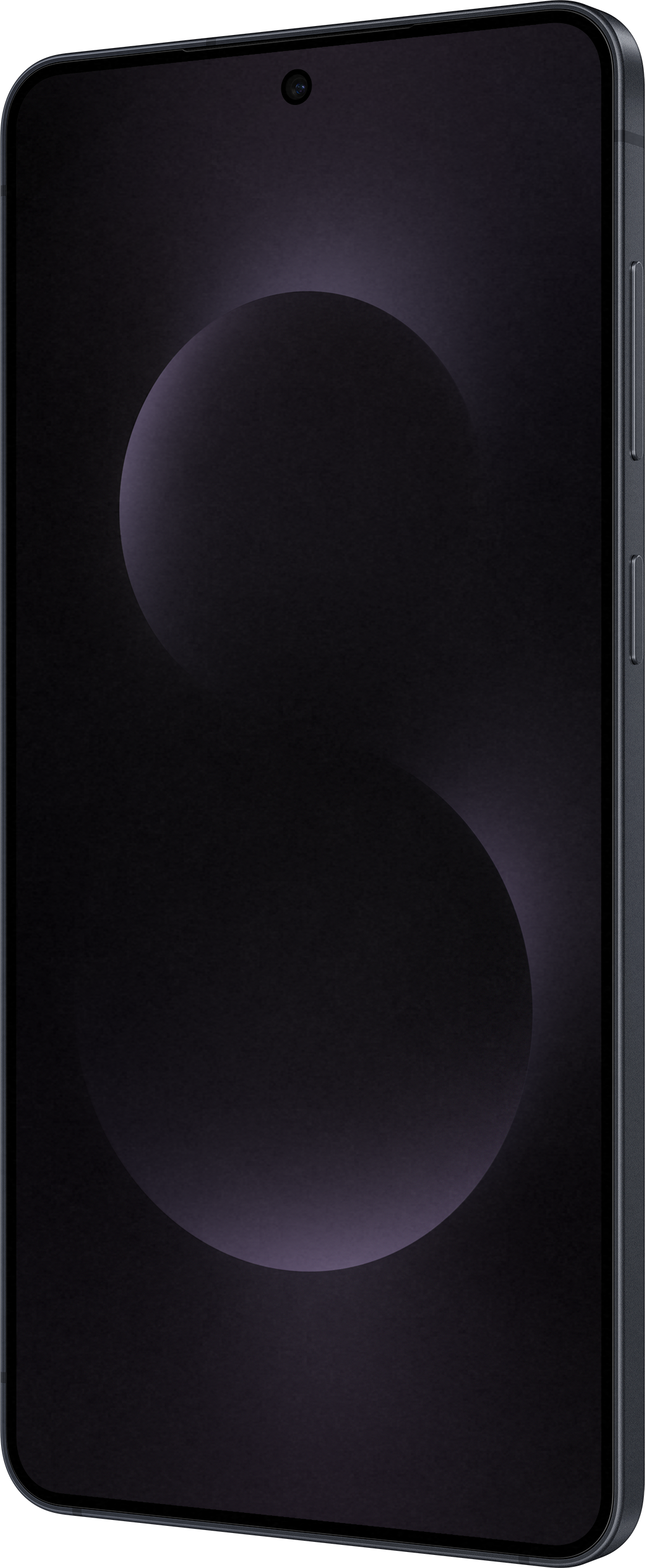 Telefono scuro con design a vortice sullo schermo. Profilo laterale visibile.