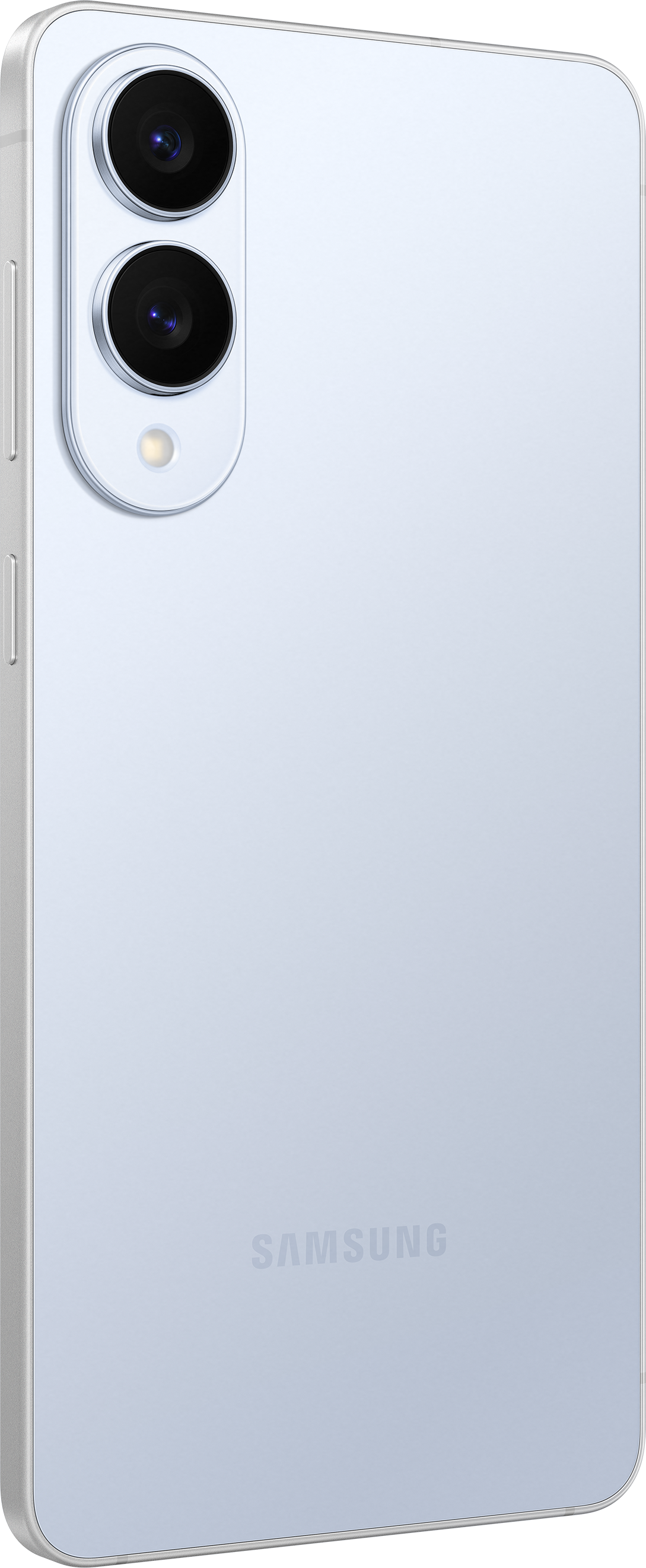 Hellblaue Samsung-Telefonrückseite, drei Kameralinsen. Samsung-Logo unten.