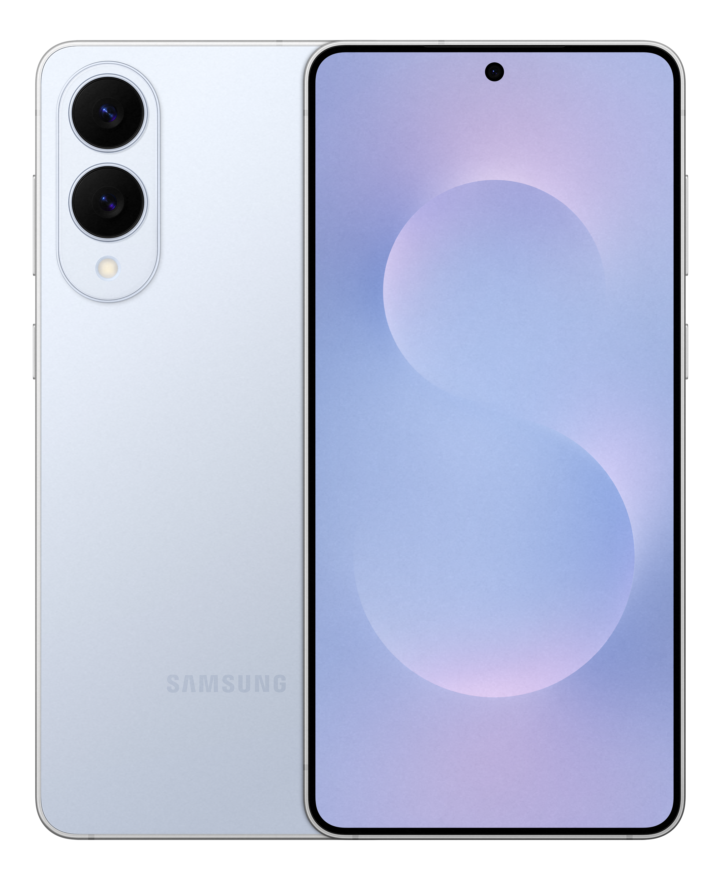Hellblaues Samsung-Telefon, Vorder- und Rückansicht. Wirbeldesign auf dem Bildschirm.