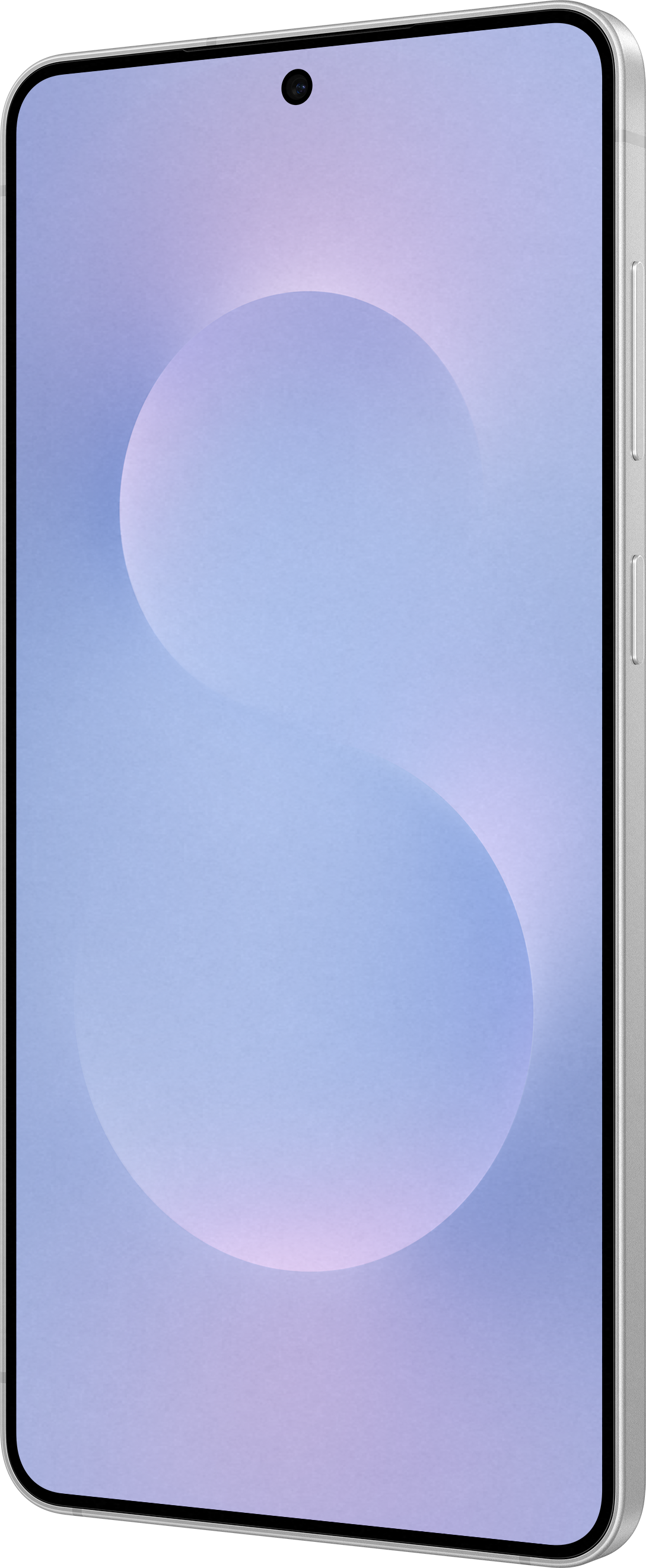 Silbernes Telefon mit helllila Bildschirm. Zwei weiße Kreise im Hintergrund.