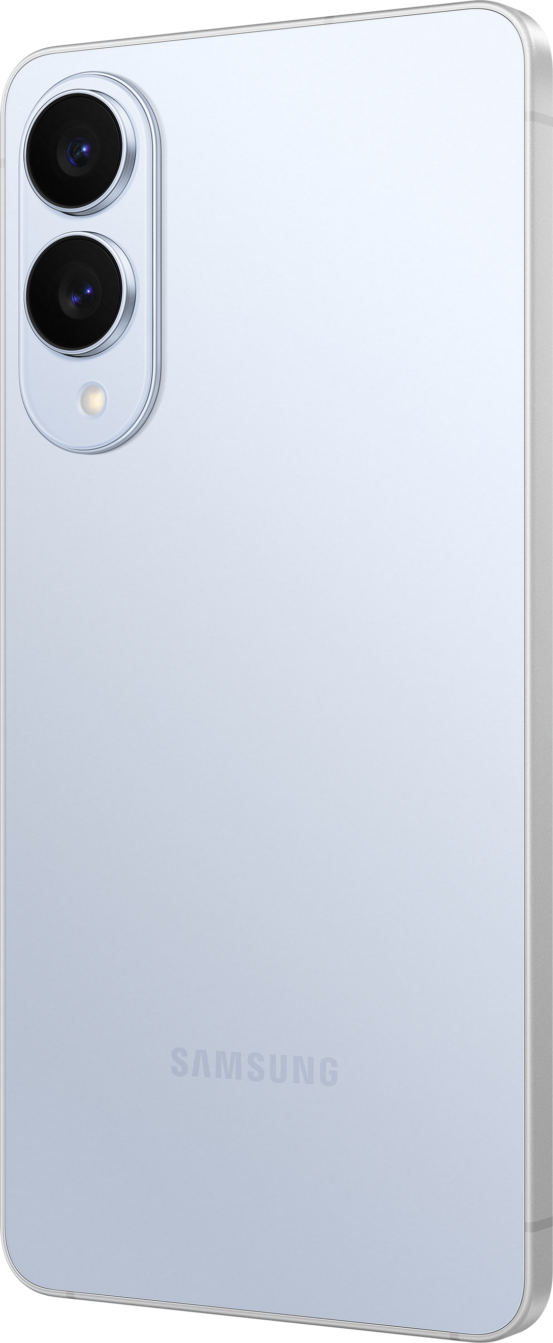 Hellblaues Telefon hinten mit drei Kameralinsen. SAMSUNG-Logo sichtbar.