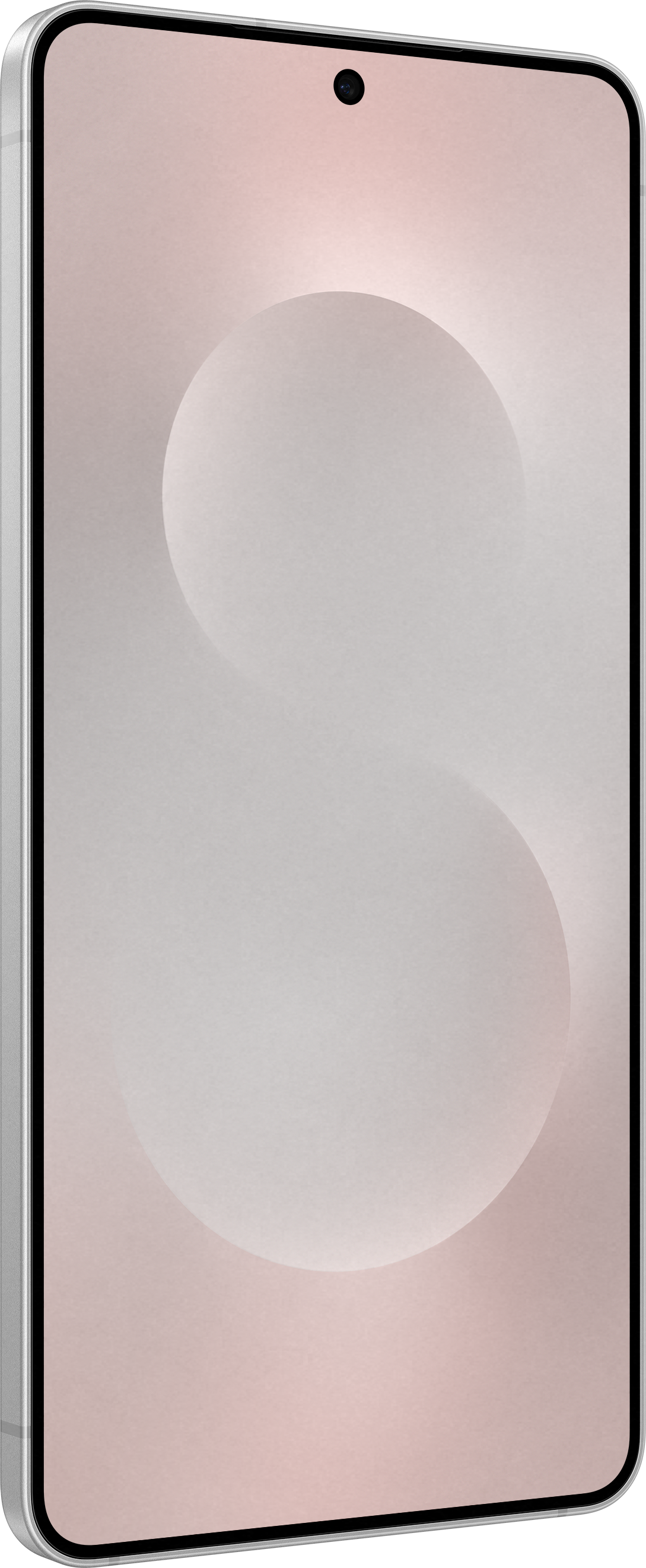 Telefono argentato con schermo rosa chiaro. Due cerchi bianchi sullo sfondo.
