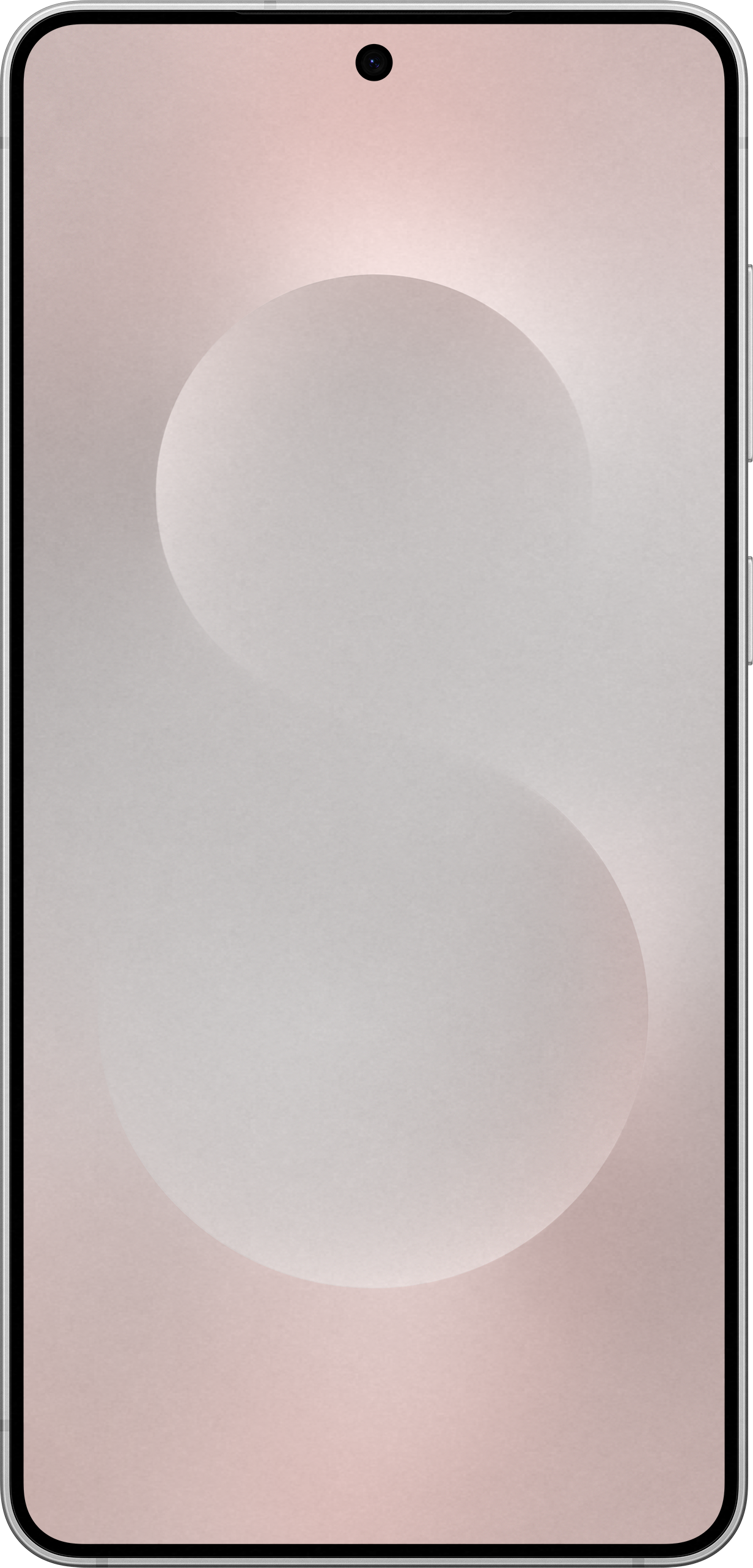 Telefono argentato con schermo rosa chiaro. Due cerchi bianchi sullo sfondo.