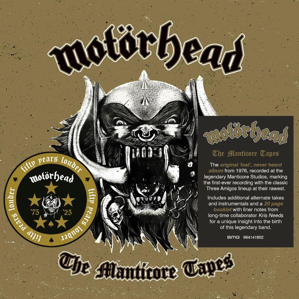 Motörhead albumhoes: een woeste beestenkop, tekst 'The Manticore Tapes' en details.