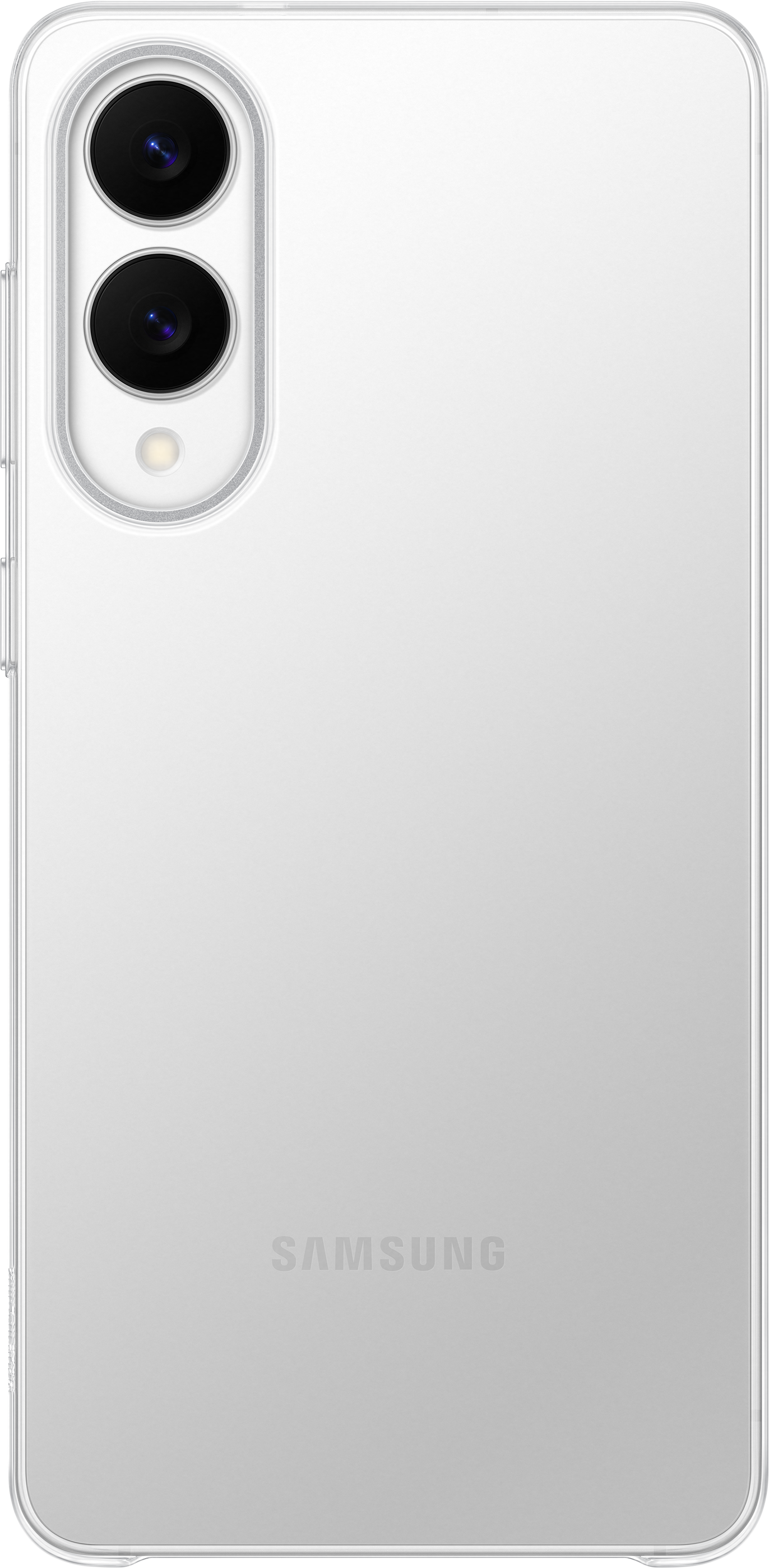 Custodia per telefono su sfondo nero. La custodia ha un ritaglio per la fotocamera e il logo Samsung.