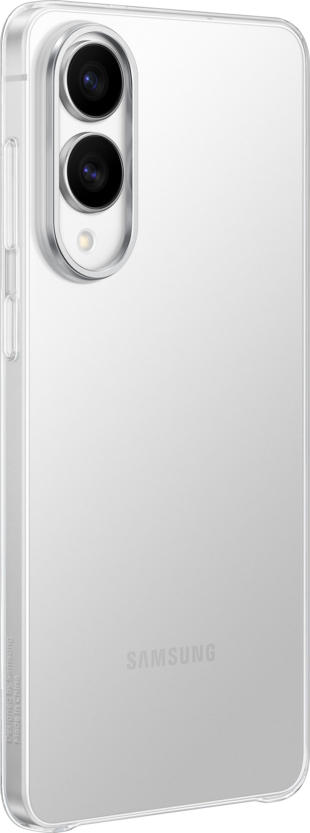 Custodia per telefono su sfondo nero. Con intaglio fotocamera, logo Samsung e scritta: Designed by Samsung.