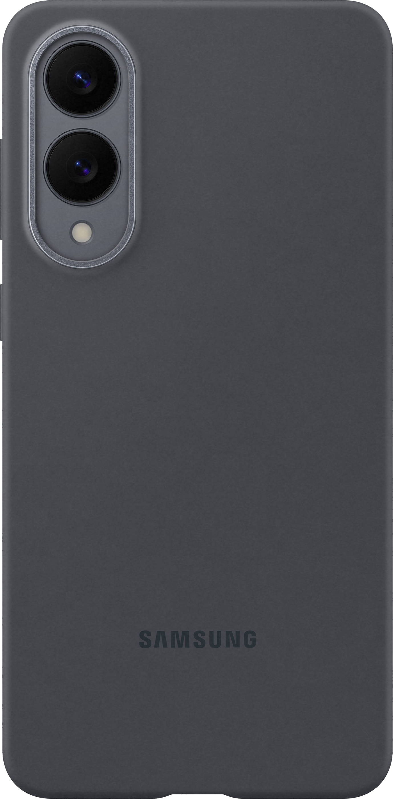 Coque Samsung gris foncé avec caméra à double objectif. Logo Samsung en bas.