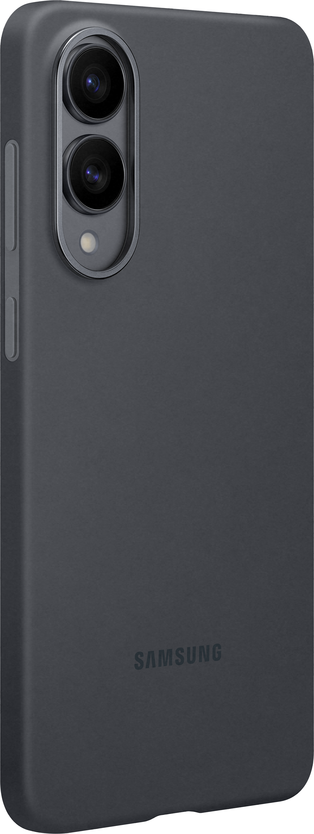 Coque Samsung gris foncé avec caméra double lentille. Logo et boutons latéraux visibles.