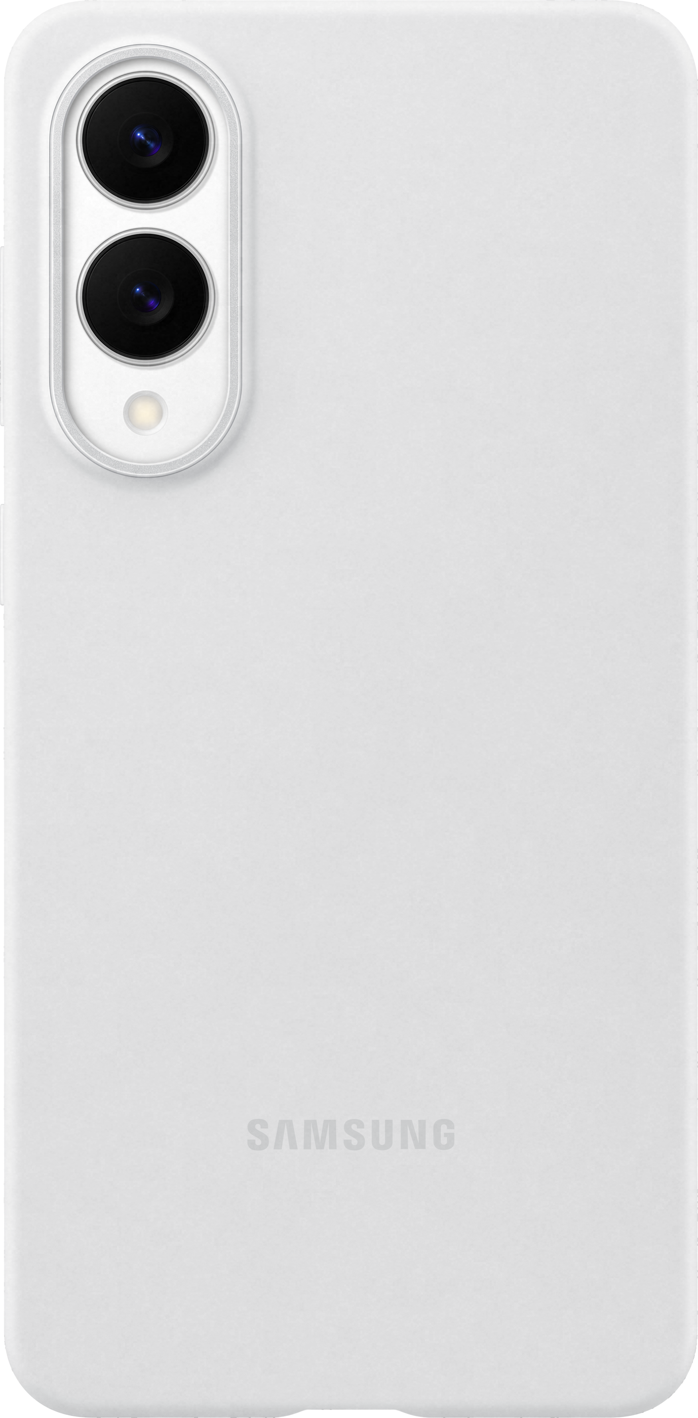 Weiße Samsung-Handyhülle mit Dual-Objektiv-Kamera. Samsung-Logo unten.
