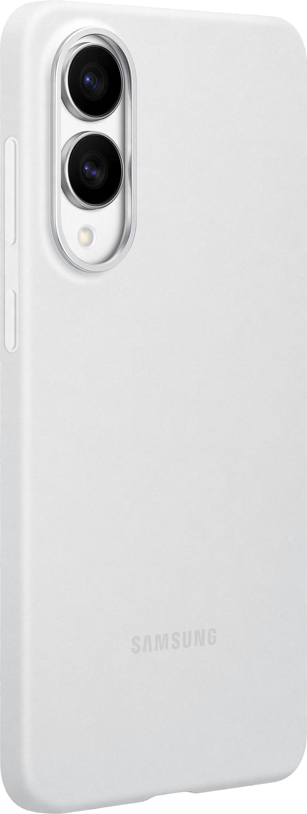 Weiße Samsung-Handyhülle mit Dual-Objektiv-Kamera. Samsung-Logo, Seitentasten sichtbar.