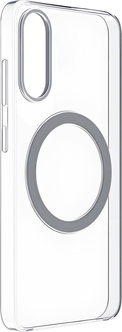 Eine weiße Handyhülle mit grauem Kreis für MagSafe, auf schwarzem Hintergrund, Seitenansicht.
