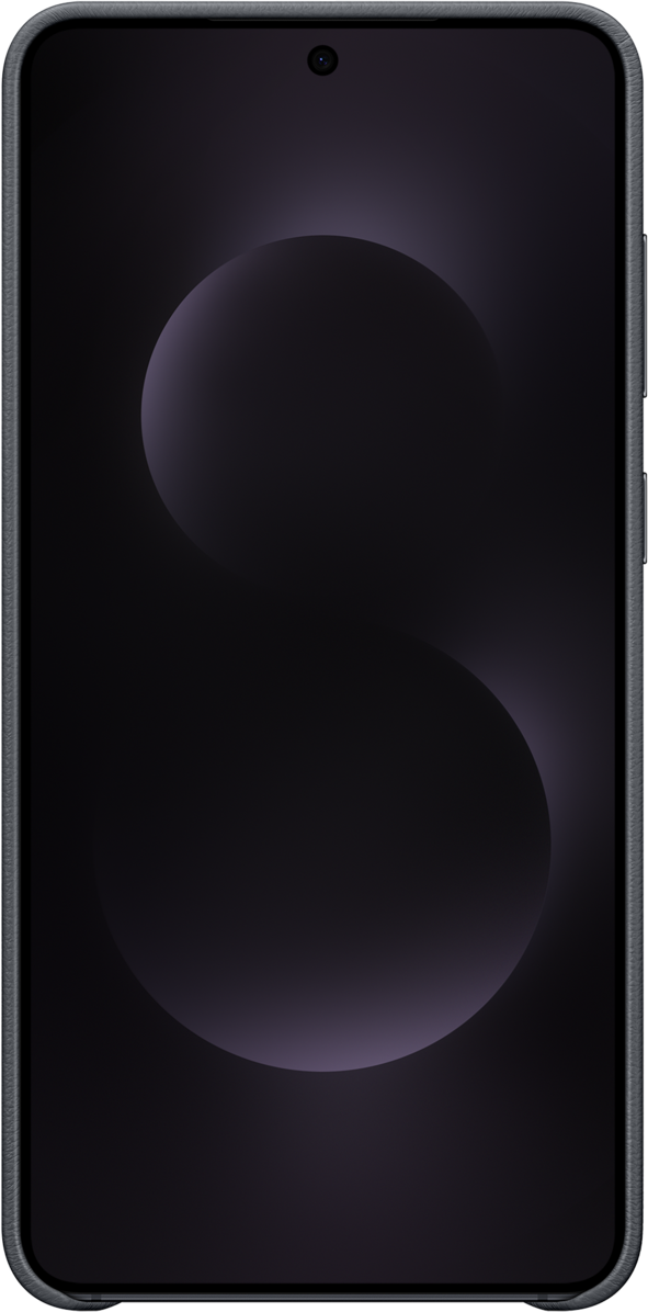 Dunkles Telefon mit gebogenem Bildschirm mit großem, hellfarbigem 'S'.