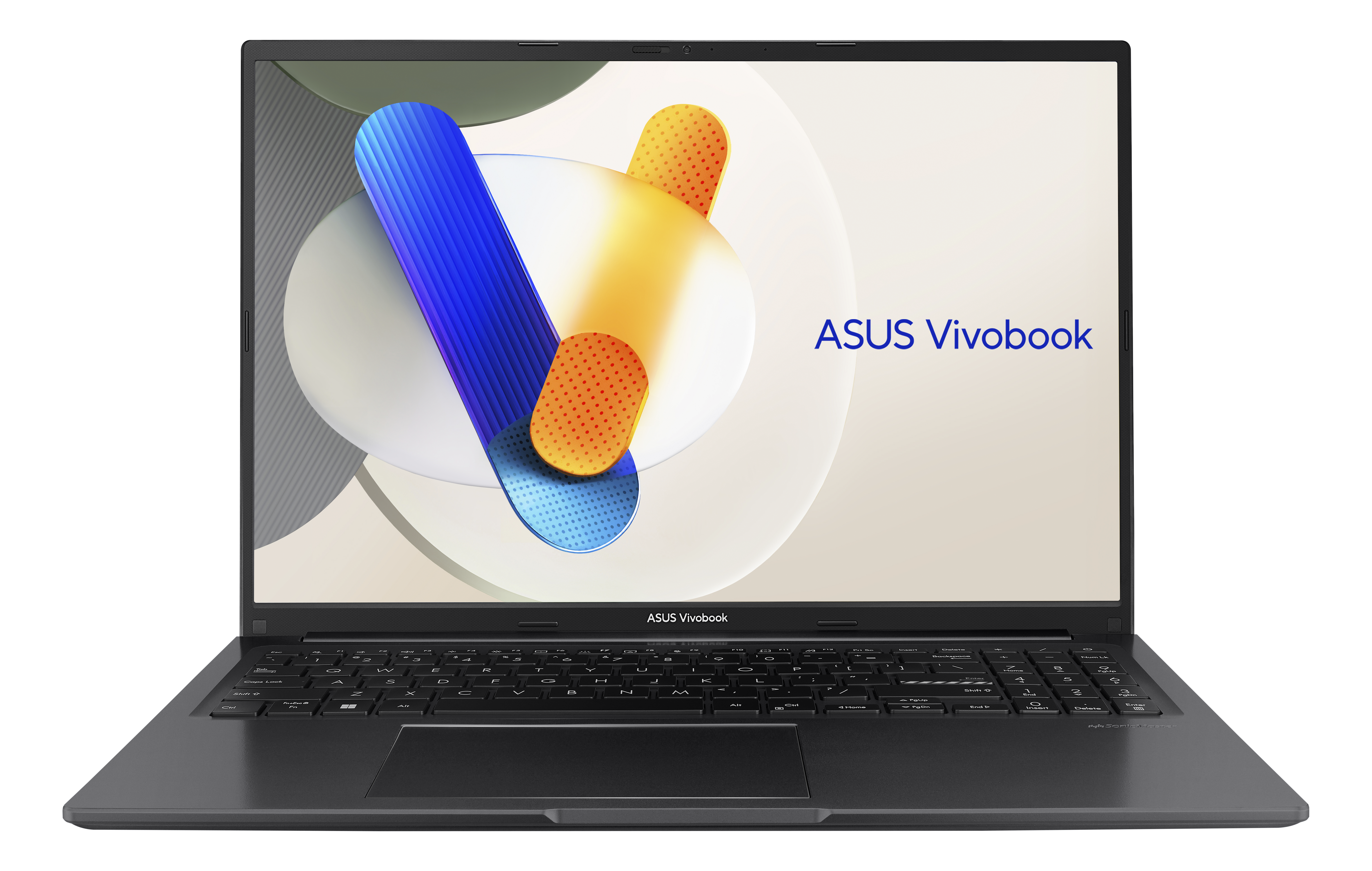 Un ordinateur portable ASUS Vivobook gris foncé est ouvert, affichant un écran coloré. Fond noir.