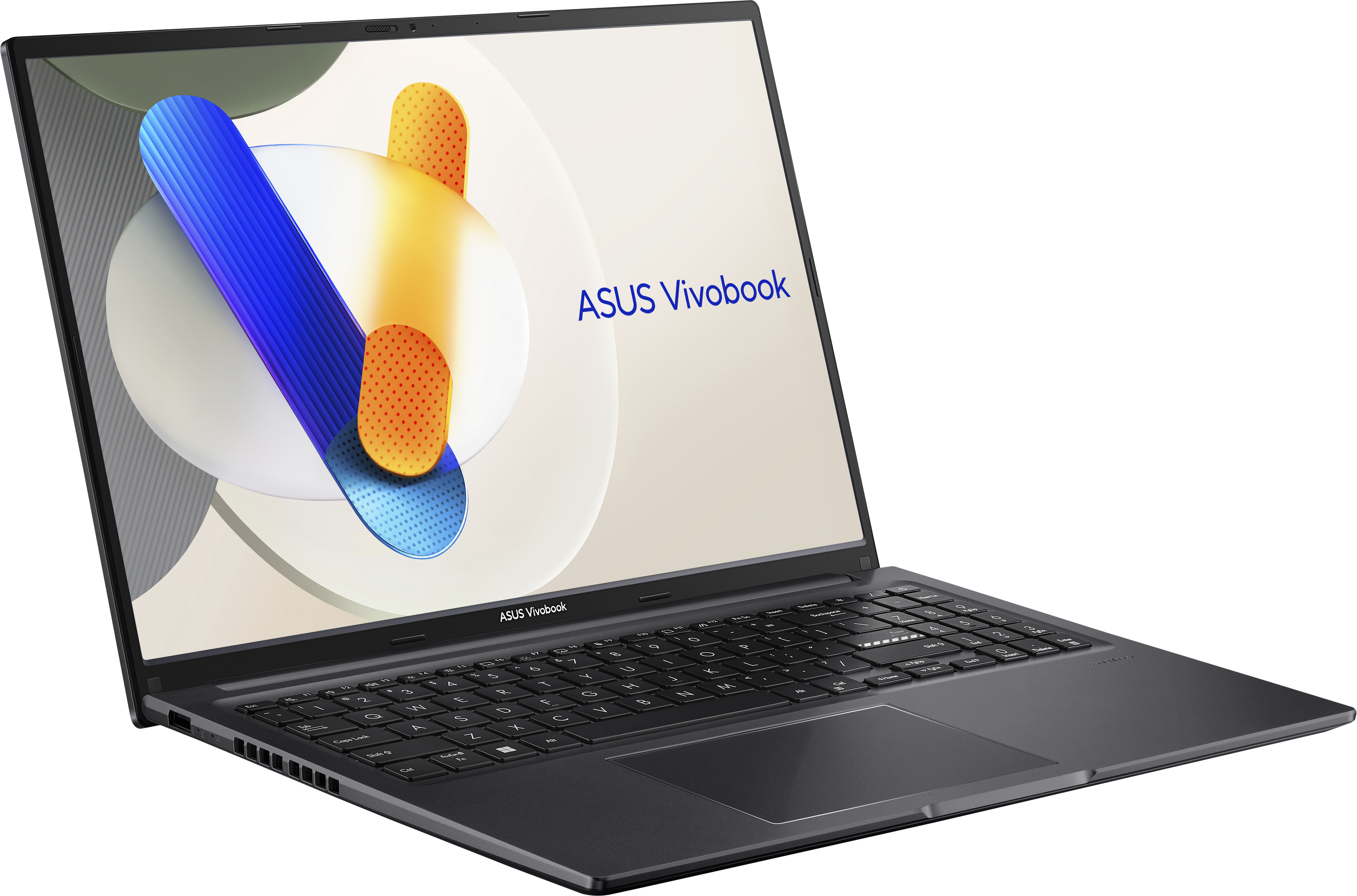 Ordinateur portable ASUS Vivobook gris foncé, légèrement incliné, ouvert. L'écran affiche un design coloré. Fond noir.