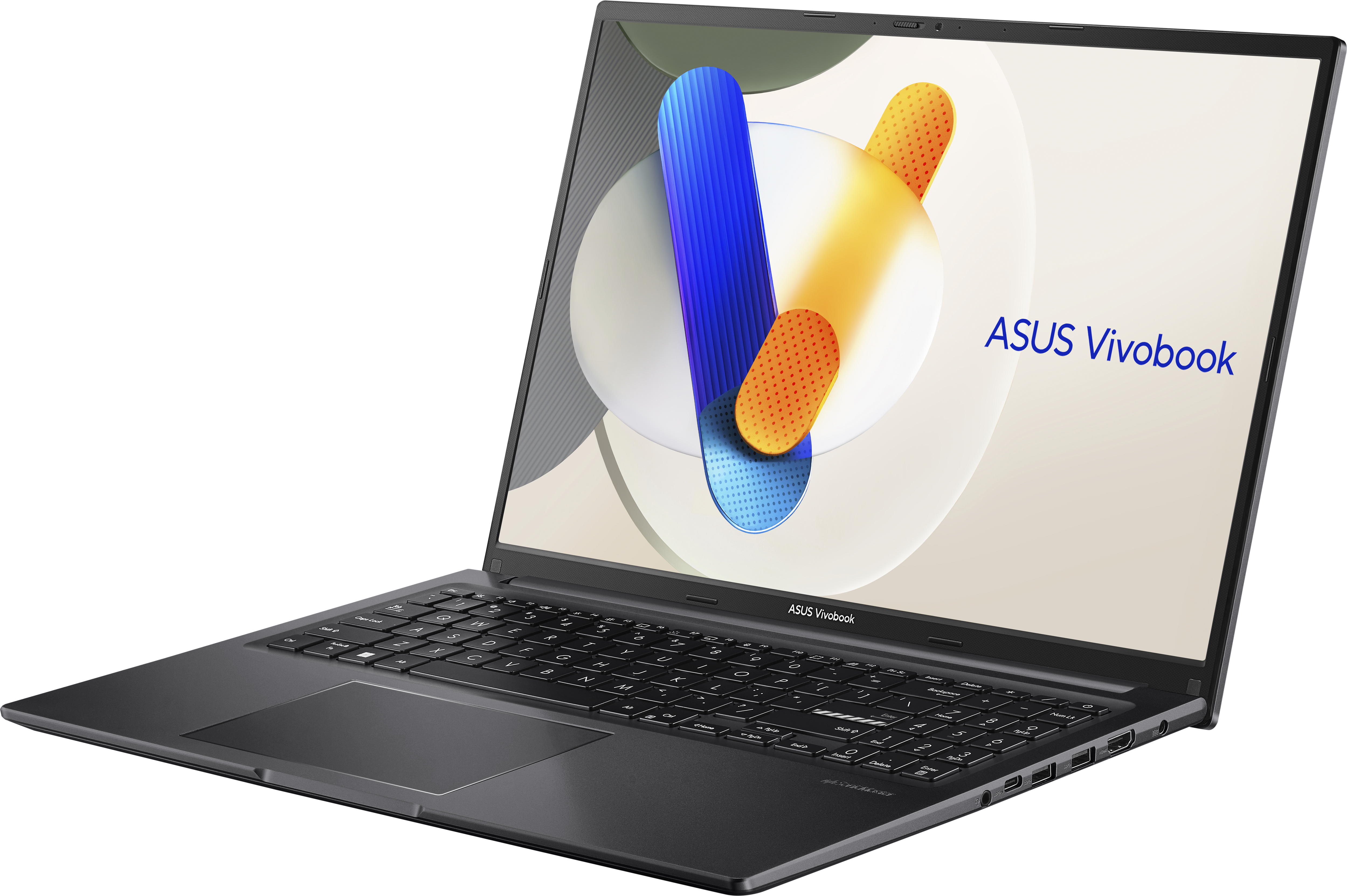 Vue en angle d'un ordinateur portable ASUS Vivobook gris foncé, ouvert et affichant un écran coloré, fond noir.