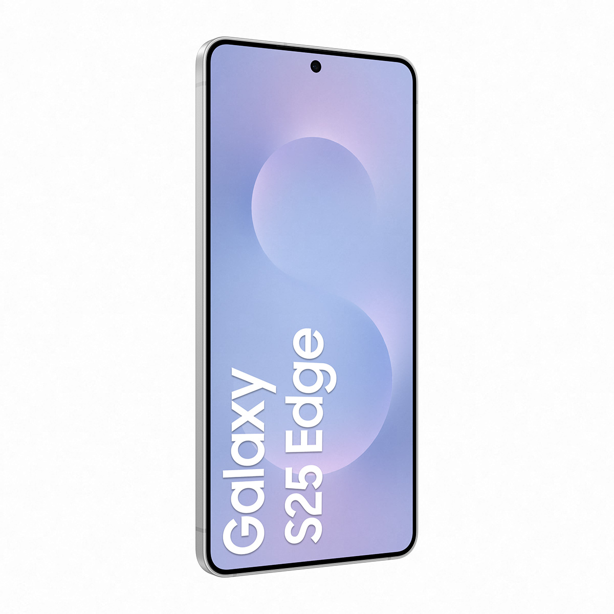 Gümüş Galaxy S25 Edge telefon. Ekran, açık mor bir tasarım gösteriyor. Metin 'Galaxy S25 Edge' diyor.