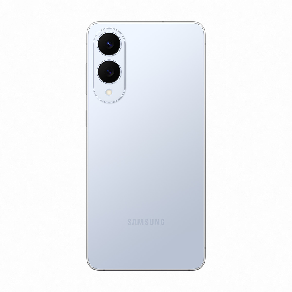 İki kamera lensli gümüş telefonun arka görünümü. 'SAMSUNG' açık mavi arka tarafta yazılı.