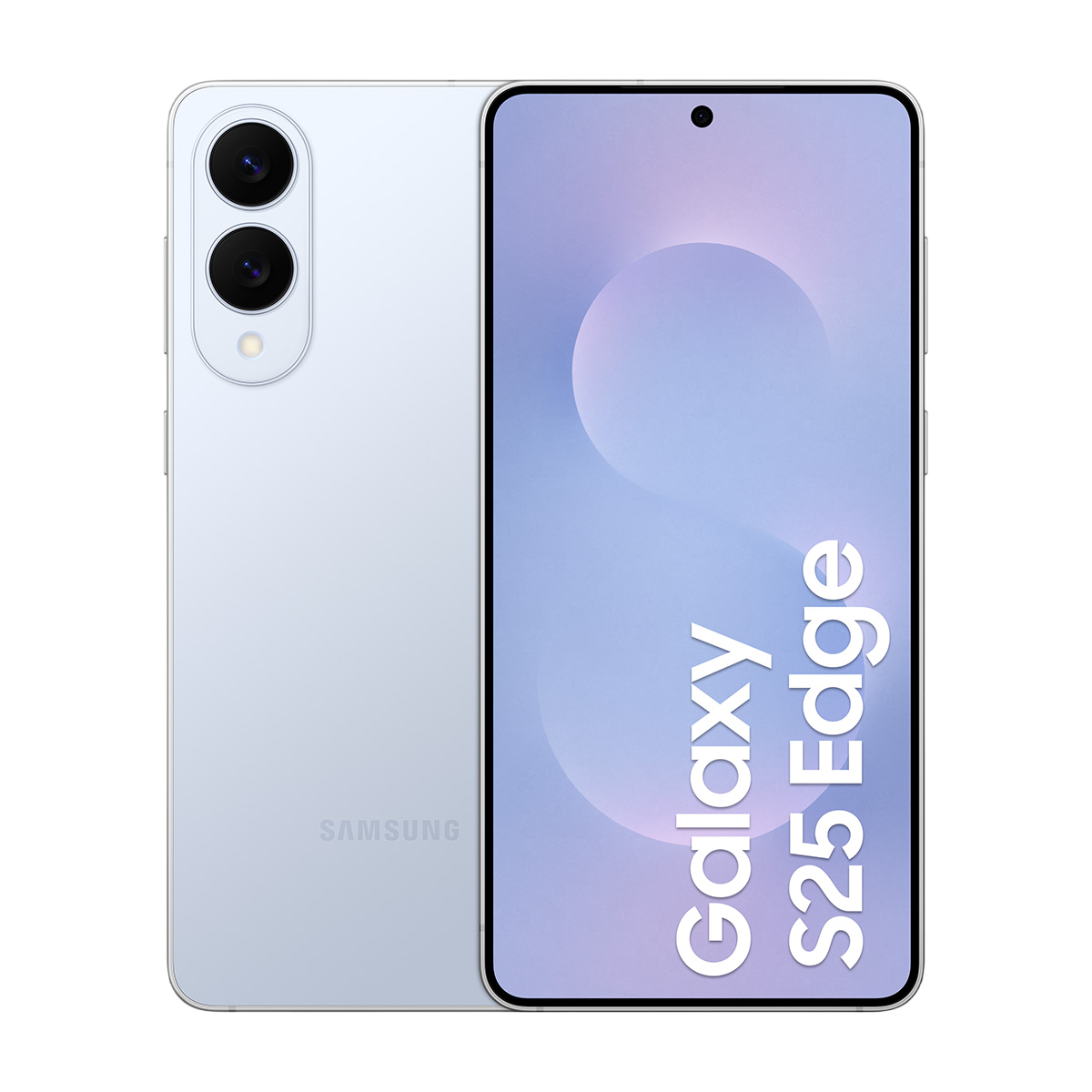 Açık mavi telefon, ekran Galaxy S25 Edge yazısını gösteriyor, siyah arka plan, telefon solda.