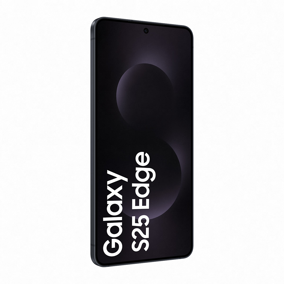 Galaxy S25 Edge yazılı siyah telefon ekranı, siyah zemin, açılı görünüm.