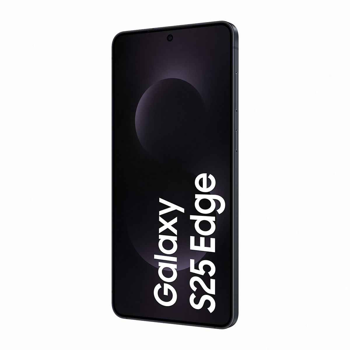Galaxy S25 Edge yazılı siyah telefon ekranı, açılı görünüm, siyah zemin.