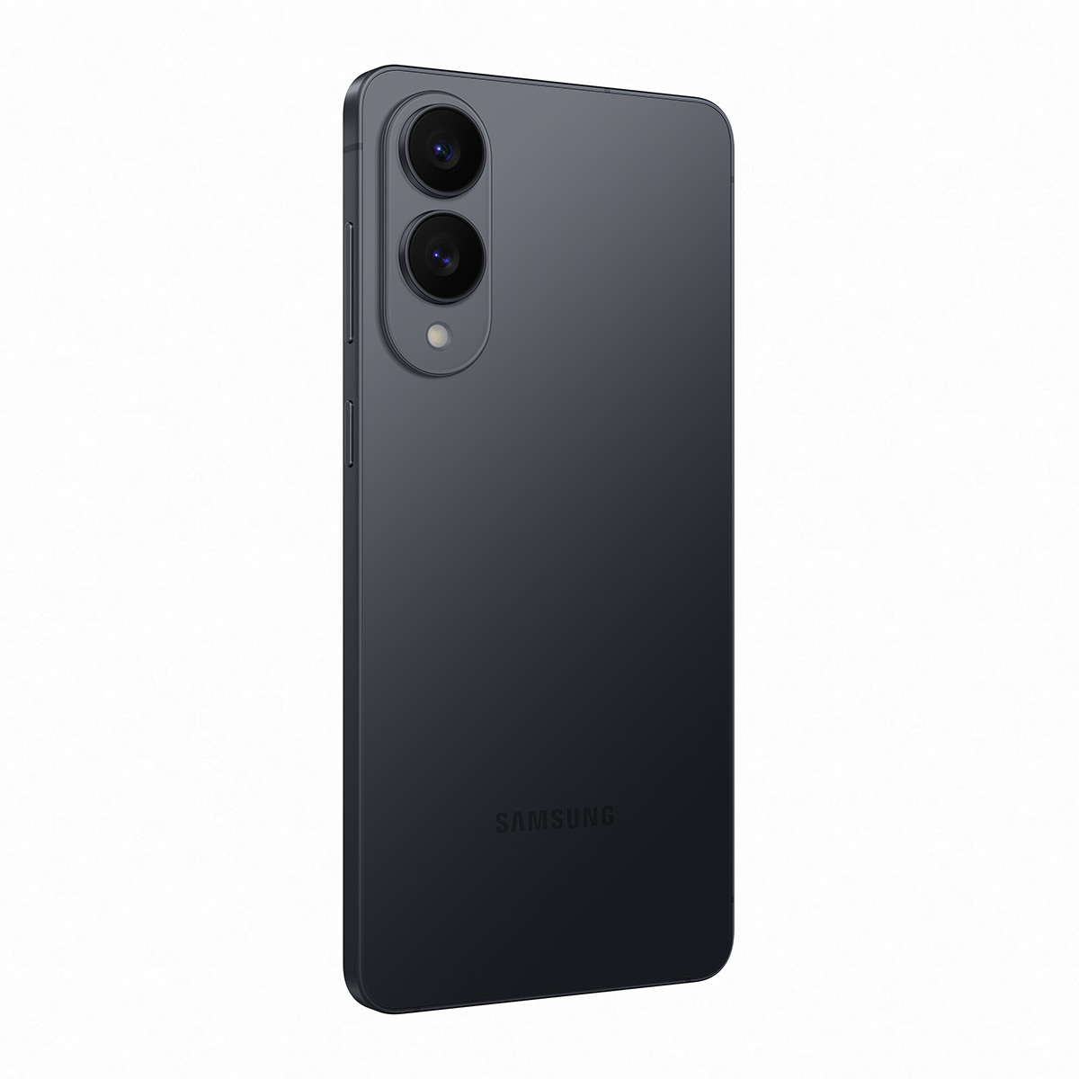 Koyu gri telefon arka görünümü, çift kamera, Samsung logosu, beyaz zemin.