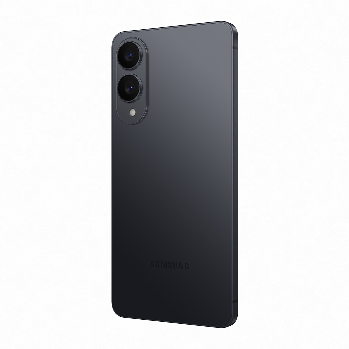 Koyu gri telefon arka görünümü, çift kamera, Samsung logosu, beyaz zemin.